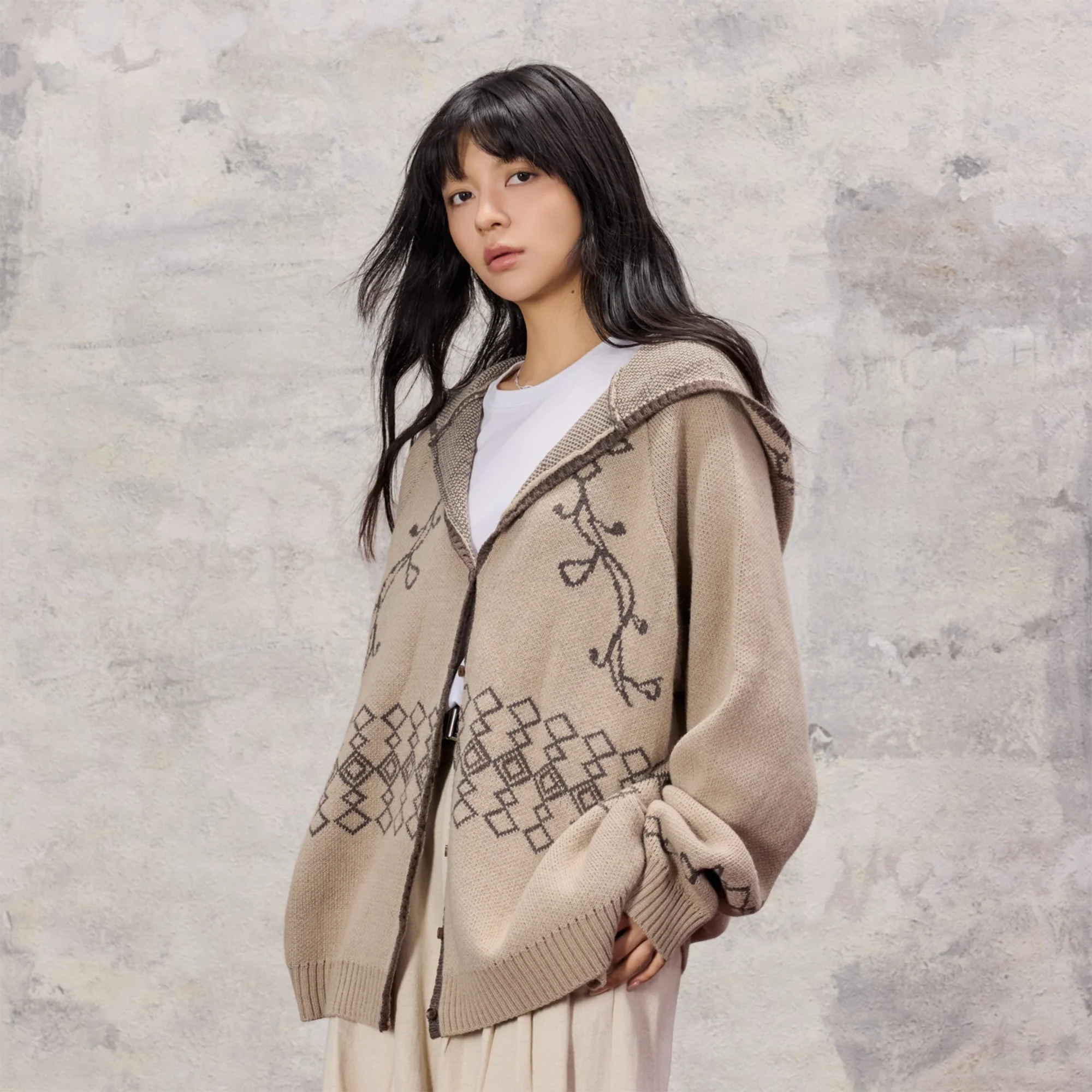 ALVNG AR ANTS Jacquard Floral Wool-Blend Hooded Cardigan