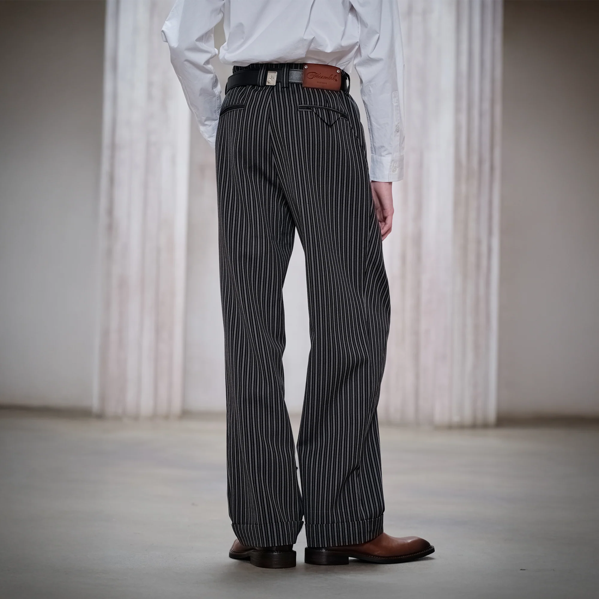 FACEONLAB Classic Striped Wool Pleated Tailored Trousers