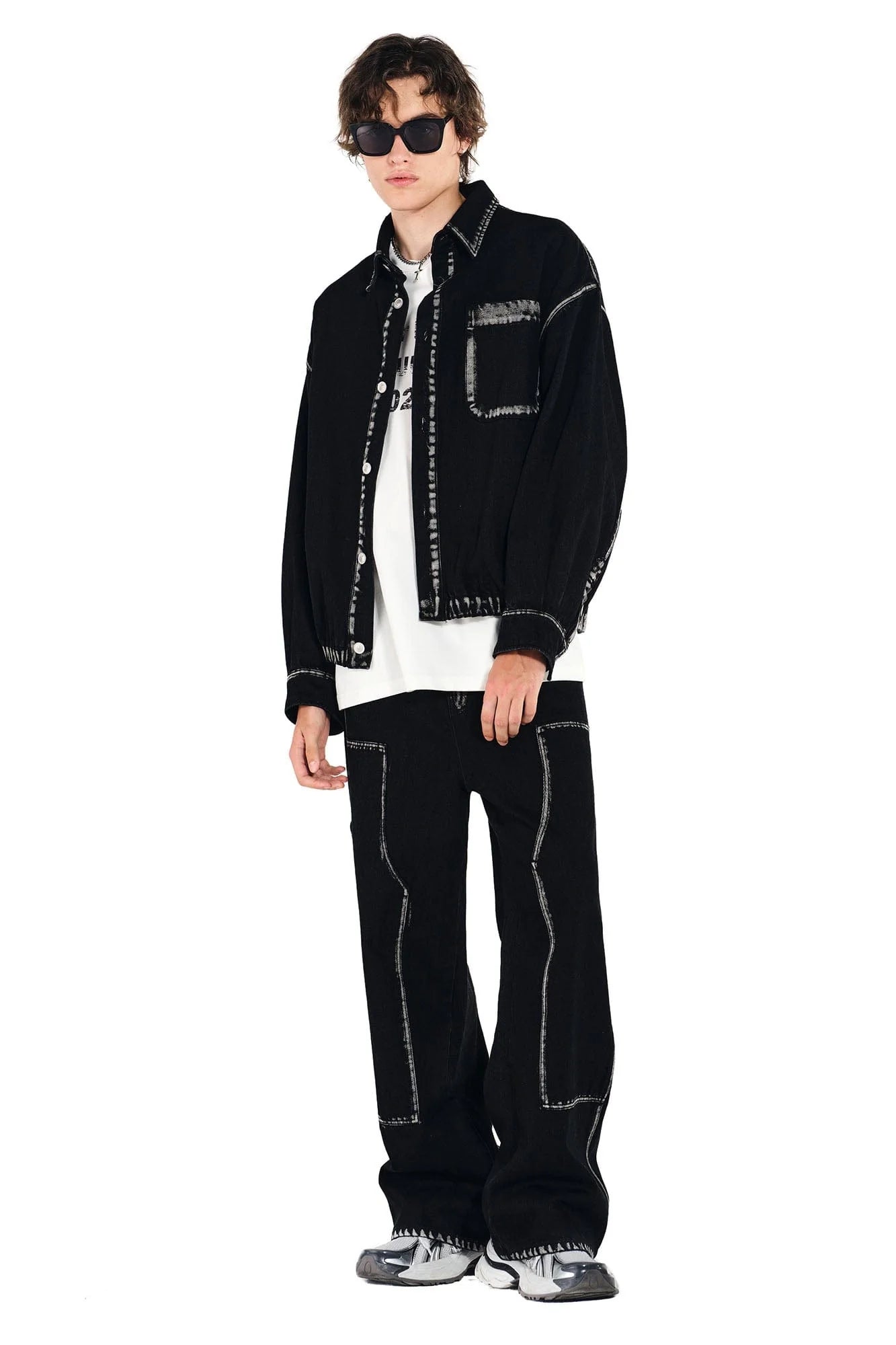 OVERLAPS Contrast Brushstroke Trim Double-Knee Jeans