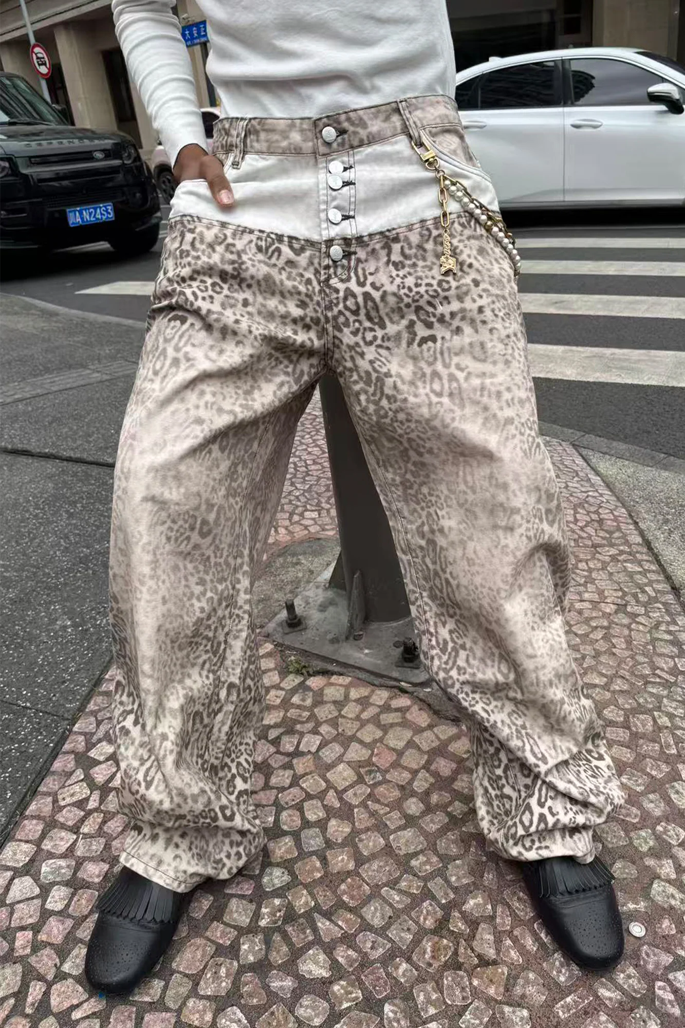 STEEPC Leopard Washed Paneled Wide-Leg Pants