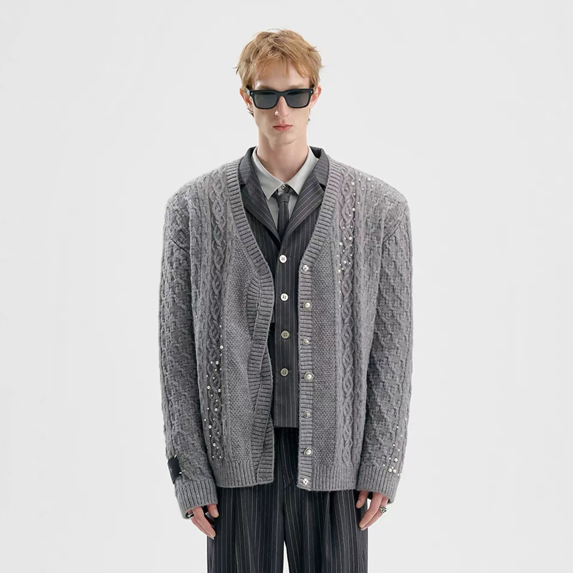 TIWILLTANG Pearl-Embellished Cable Knit Cardigan