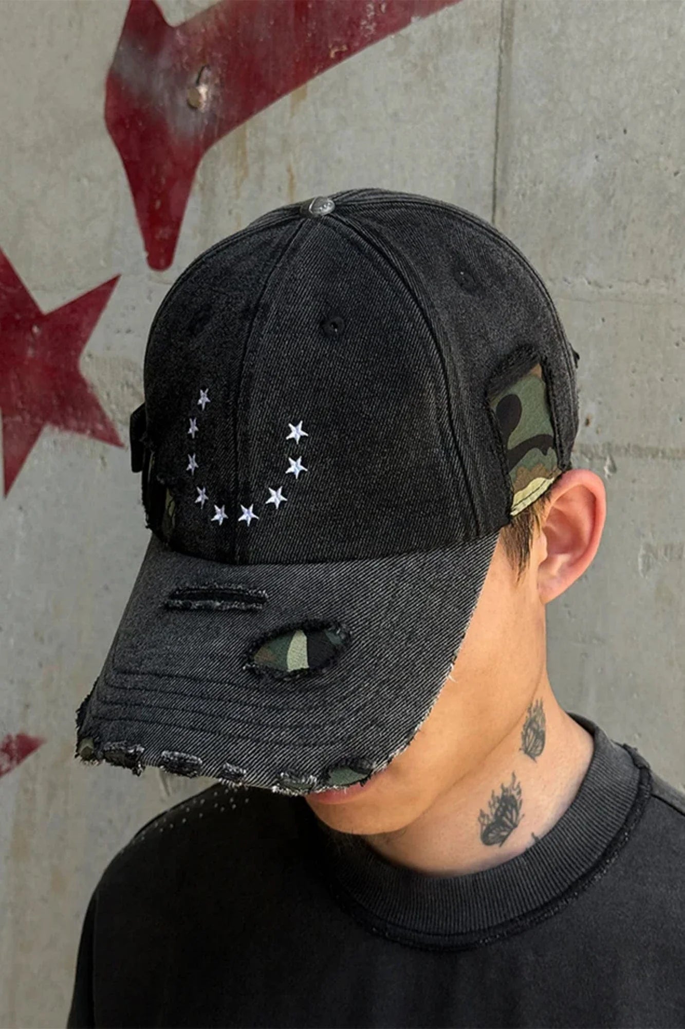 TECNINEGROUP Camo Distressed Panel Star Embroidered Cap