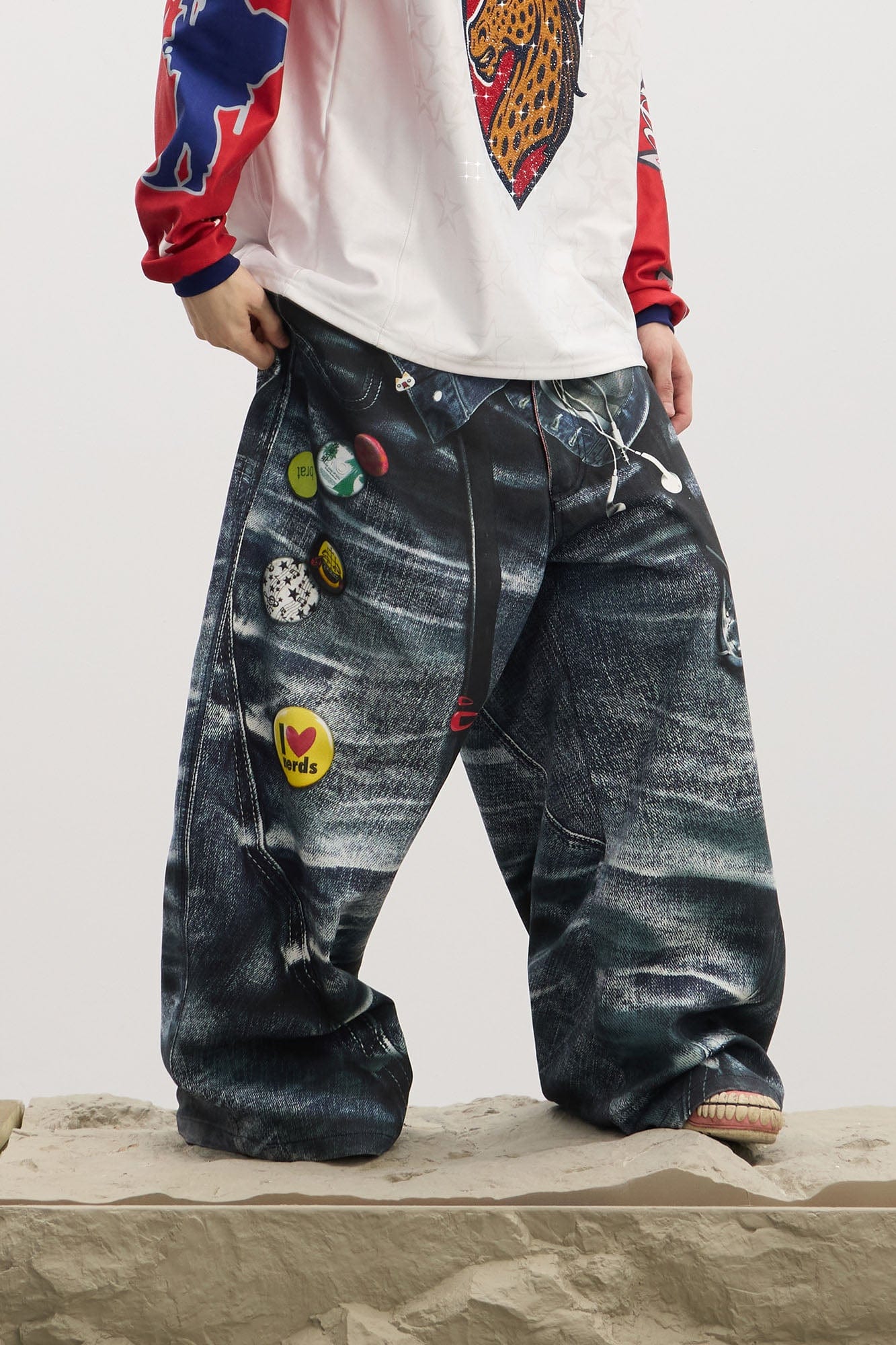 DND4DES Trompe-l'œil Double-Waist Baggy Jeans