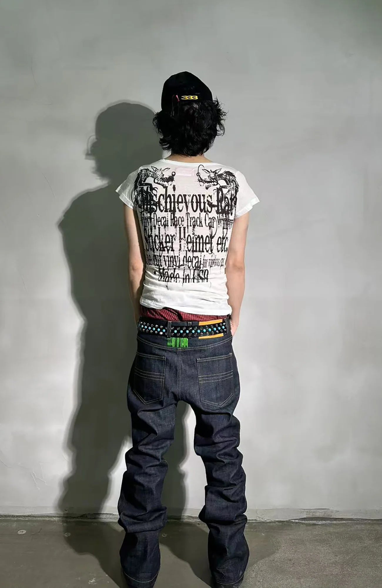 PCCVISION Contrast-Stitch Embroidered Raw Jeans