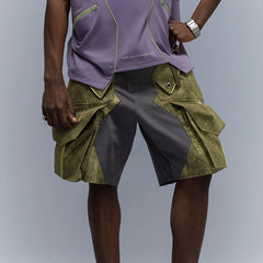 XIPHEVIL Washed Contrast Panel Pocket Utility Shorts Green