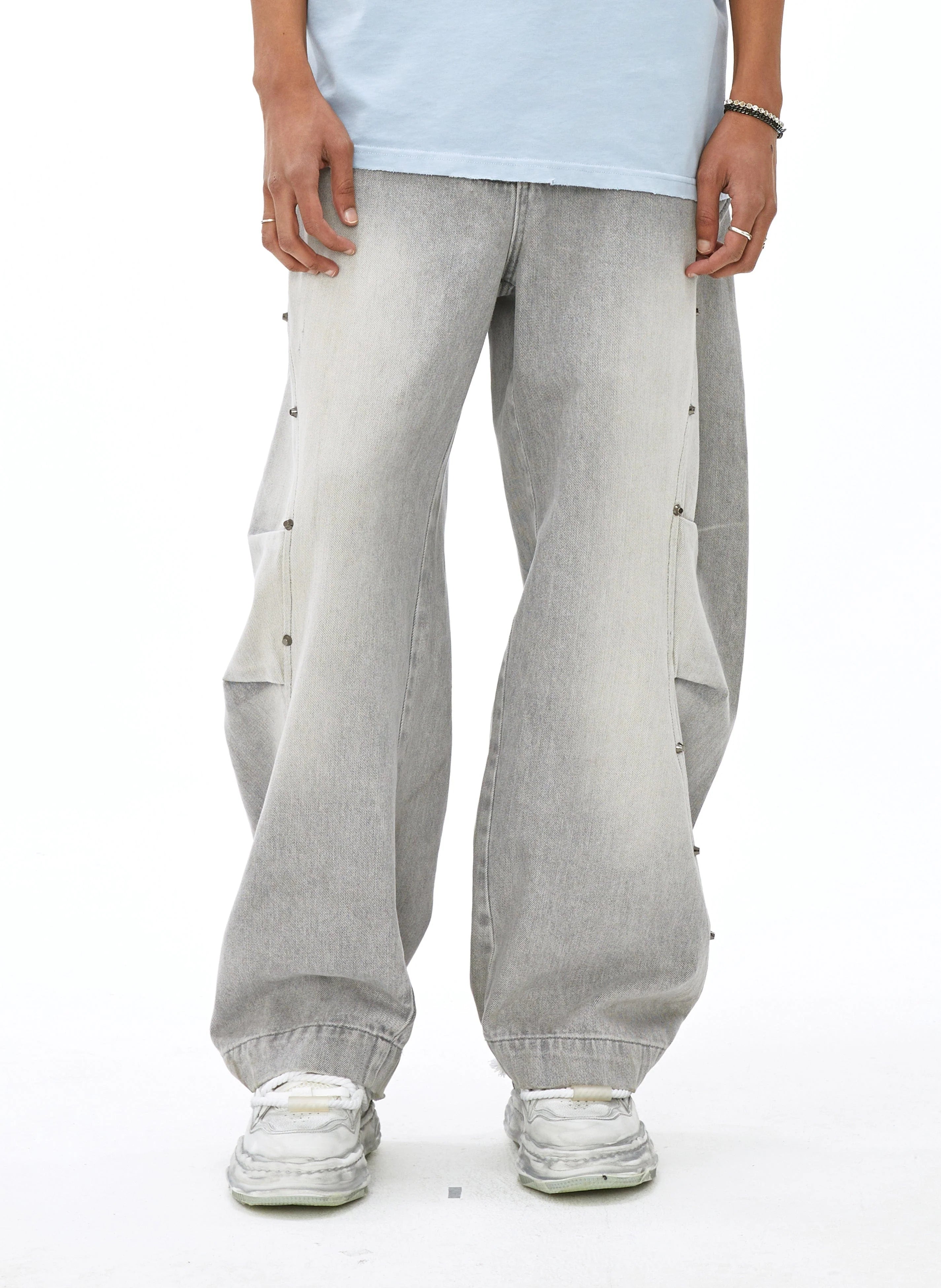 VANN VALRENCE Washed Riveted Curved-Seam Denim Pants