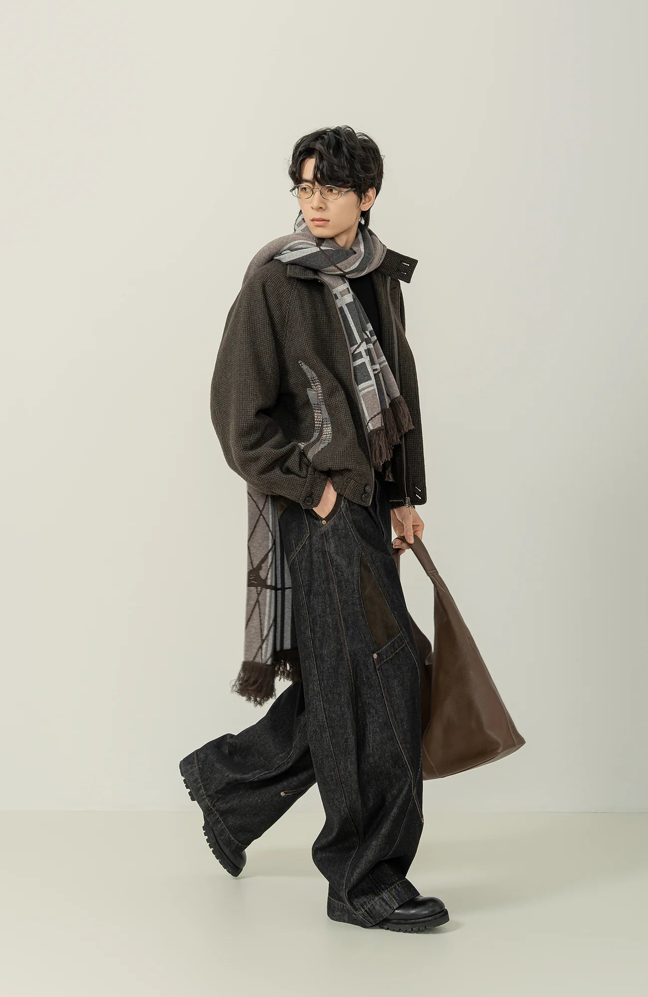 MOITIEDEPETALE Plaid Panels Wool-Blend Jacket