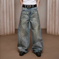 DND4DES Dirty-Washed Diamond Wide-Leg Jeans Blue