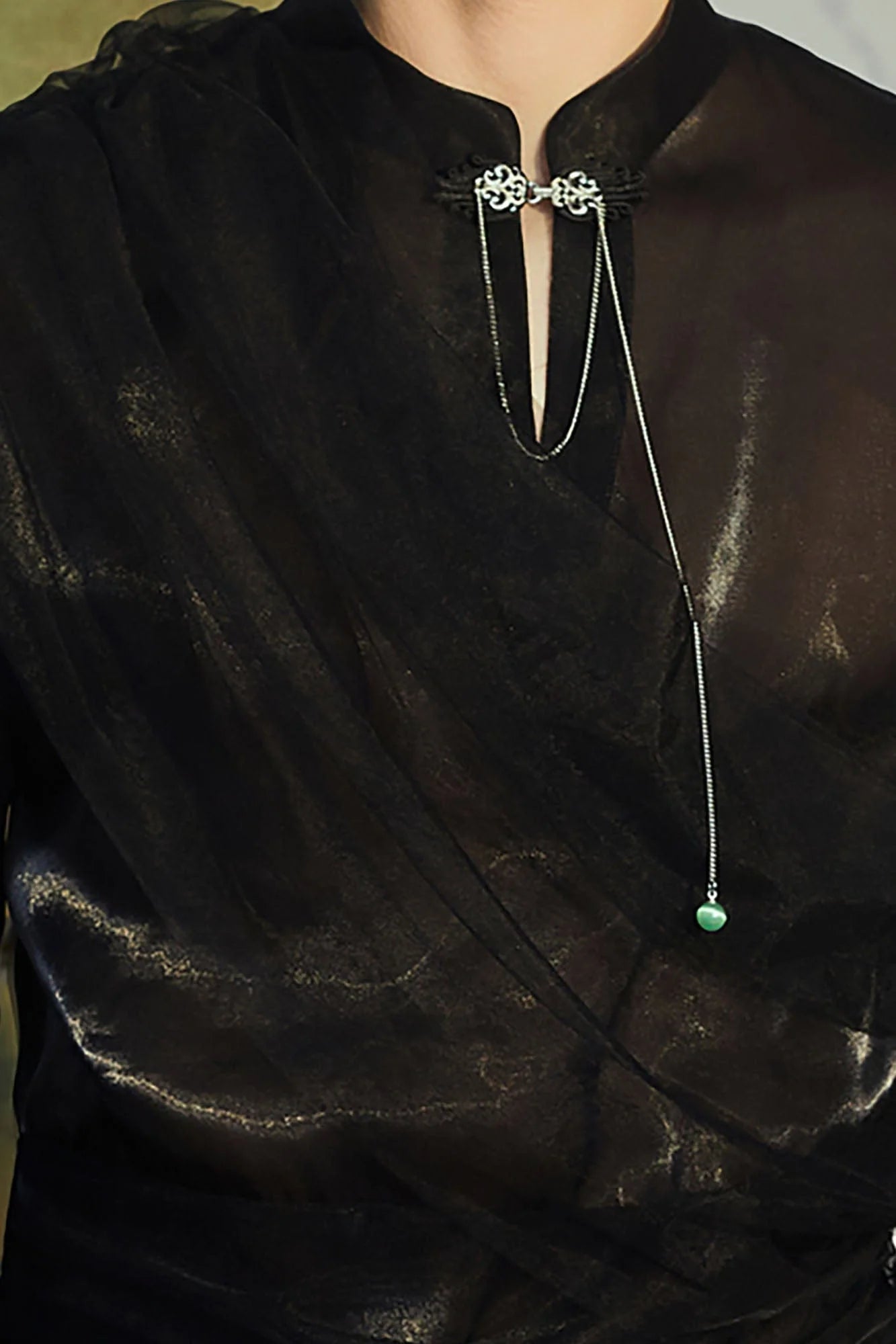 JIECHI Draped Sheer Brooch Organza Shirt