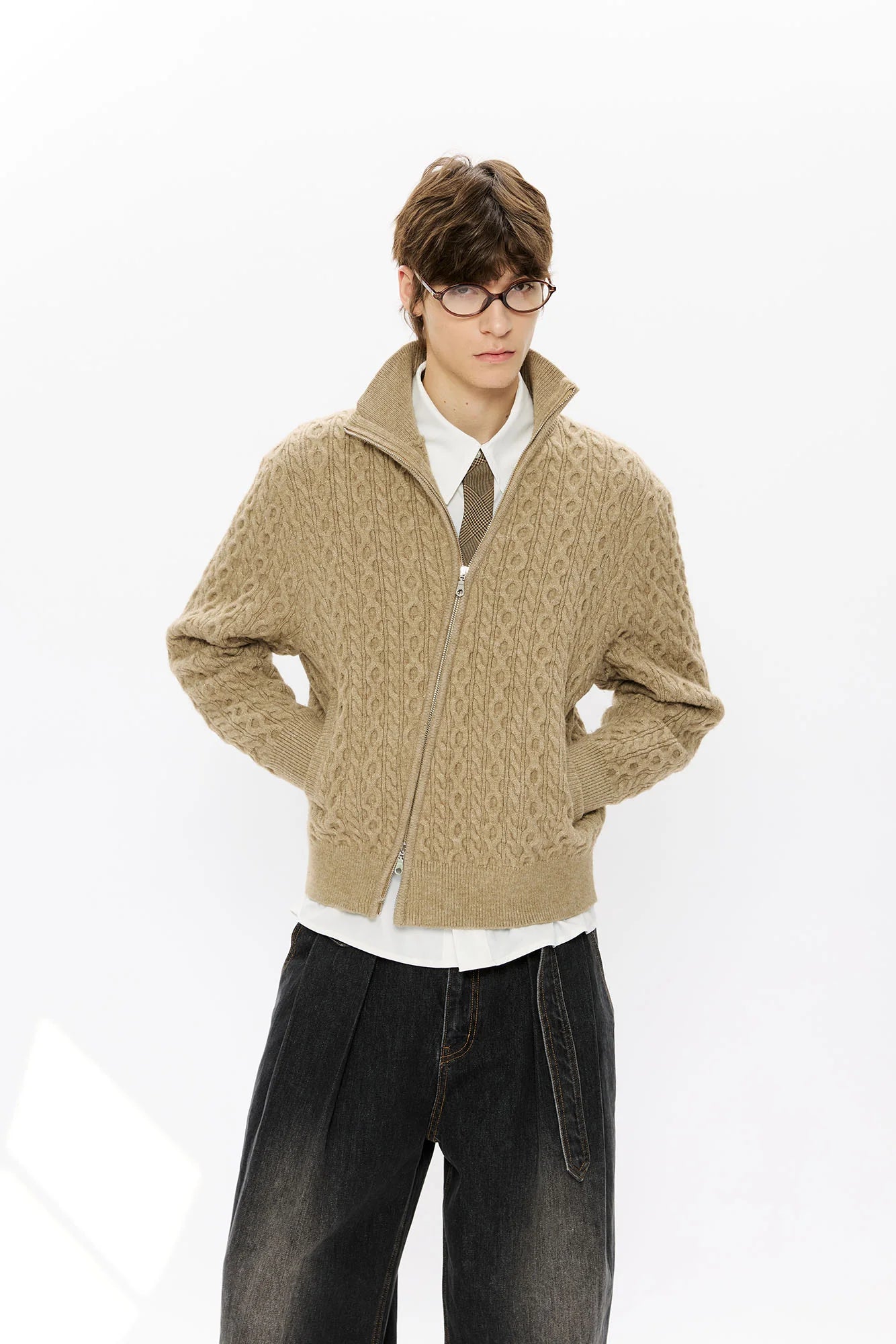 KREATE Asymmetrical Zip Cable-Knit Sweater