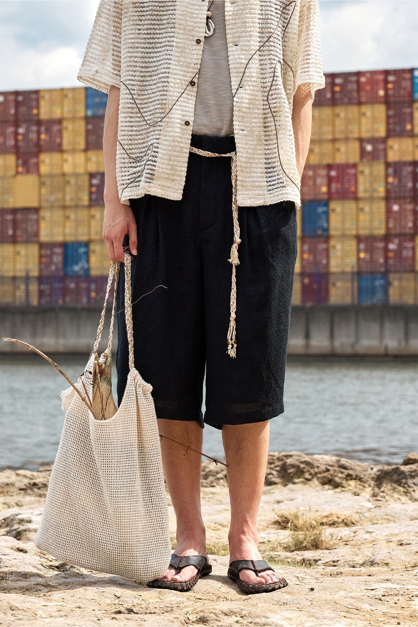 ALVNG AR ANTS Textured Mesh Pleated Braided Tassel Belt Shorts