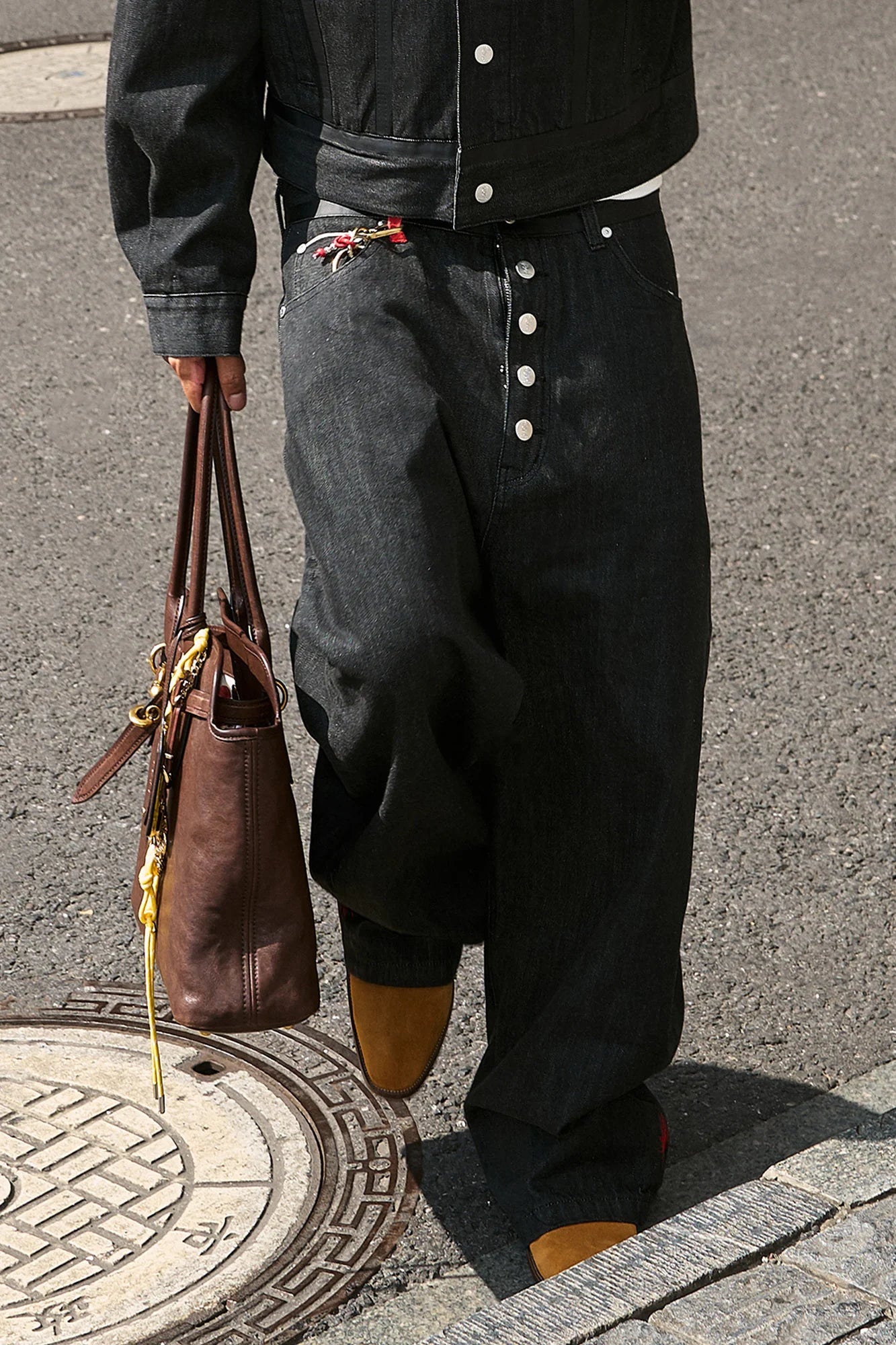 STEEPC Button Fly Wide-Leg Raw Selvage Jeans