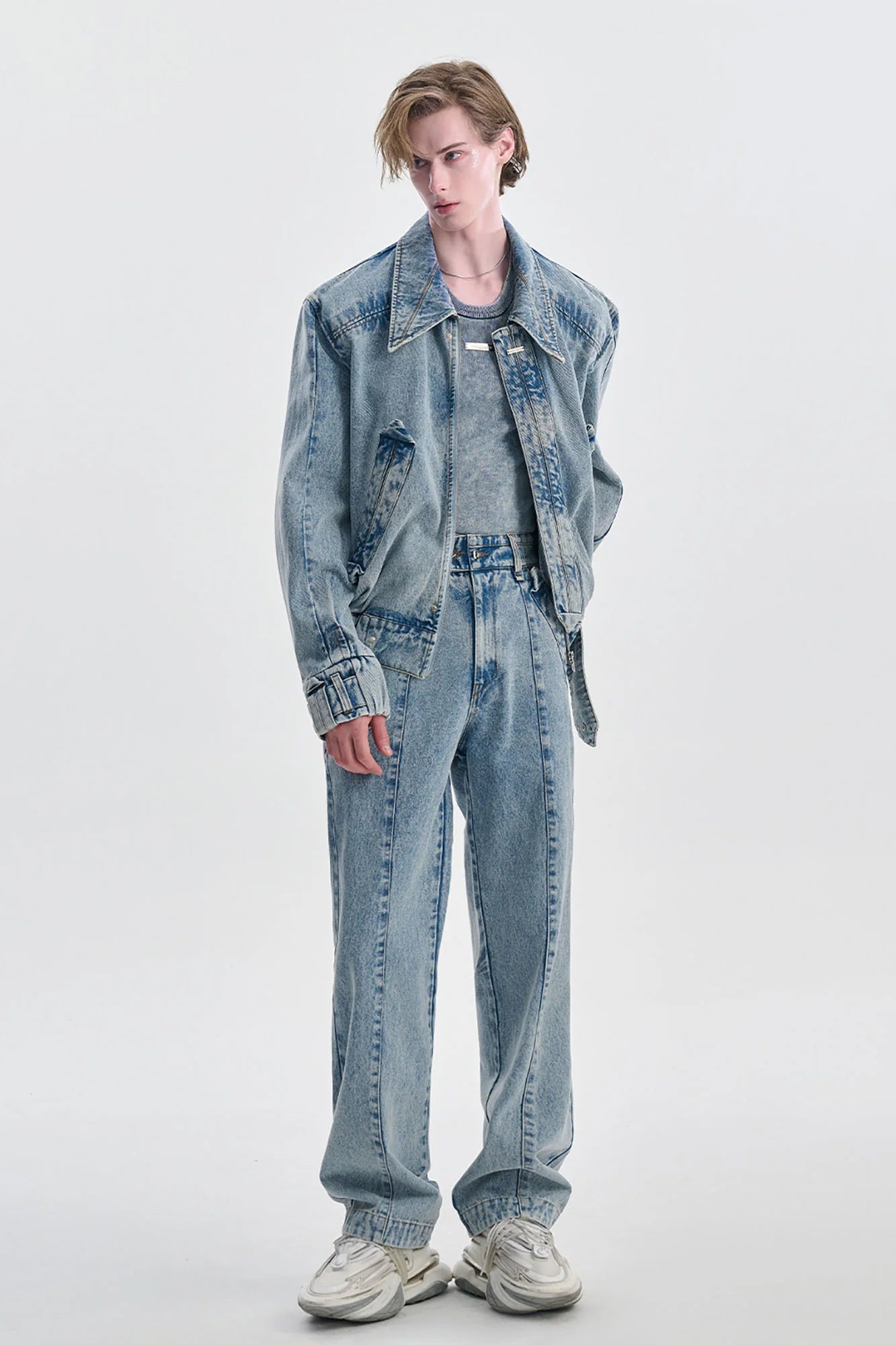TIWILLTANG Washed Middle Panel Straight-Leg Jeans