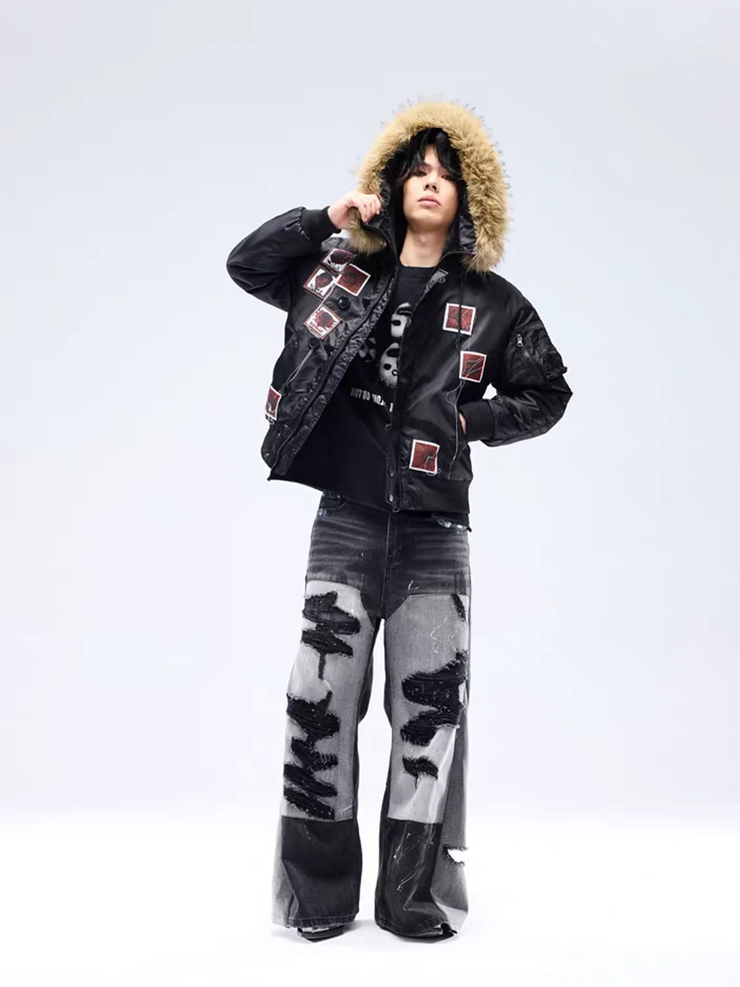 NOTHINGNESS WORLD Faux Fur Patch Hooded Puffer Jacket