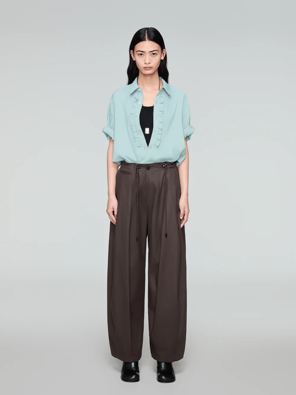 OPICLOTH Retro Pintuck Ruffle Modal Blend Half Shirt