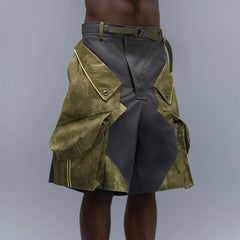 XIPHEVIL Washed Contrast Panel Pocket Utility Shorts Green