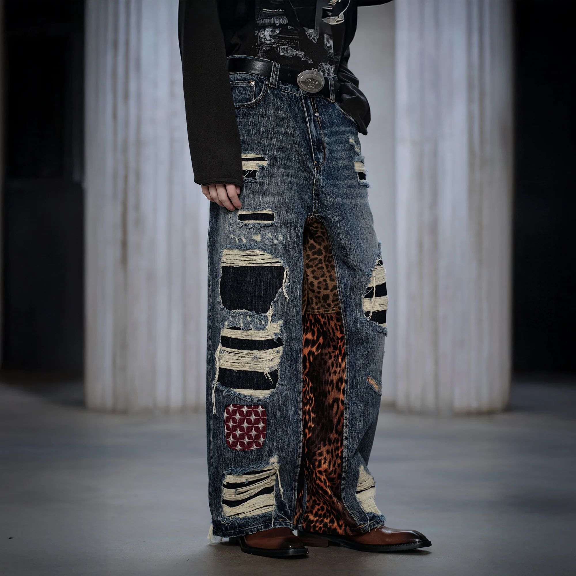 FACEONLAB Distressed Patch Leopard Paneled Jeans