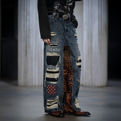 FACEONLAB Distressed Patch Leopard Paneled Jeans