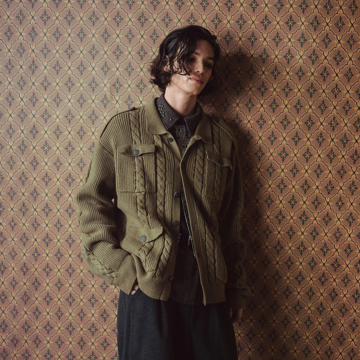 RICHILL Epaulet Multi-Pocket Cable Knit Jacket