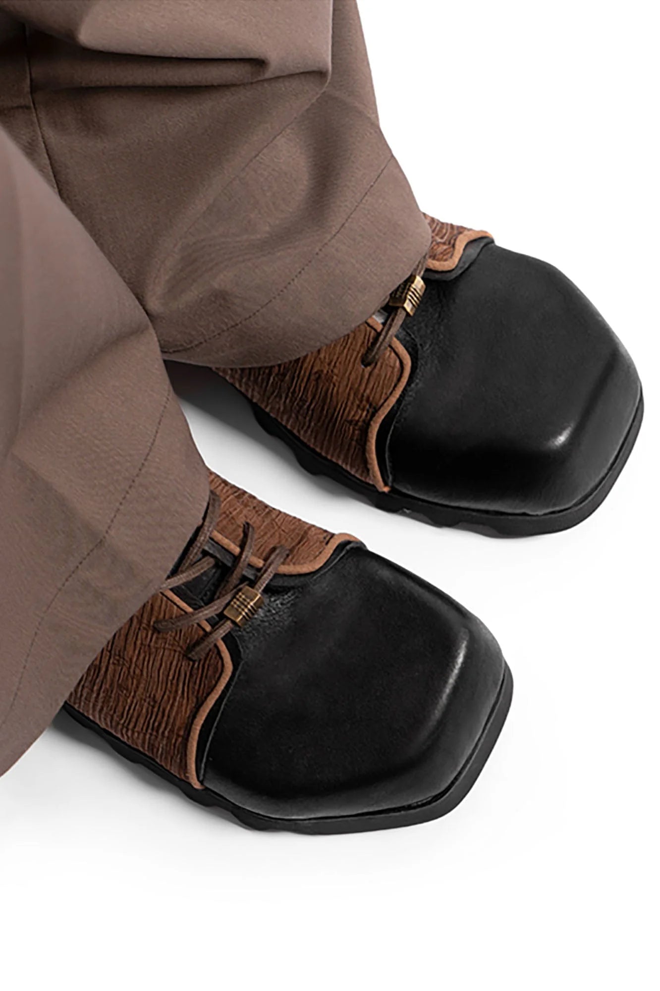 REWRITE Silk Panel Crinkled Square-Toe Derby Shoes