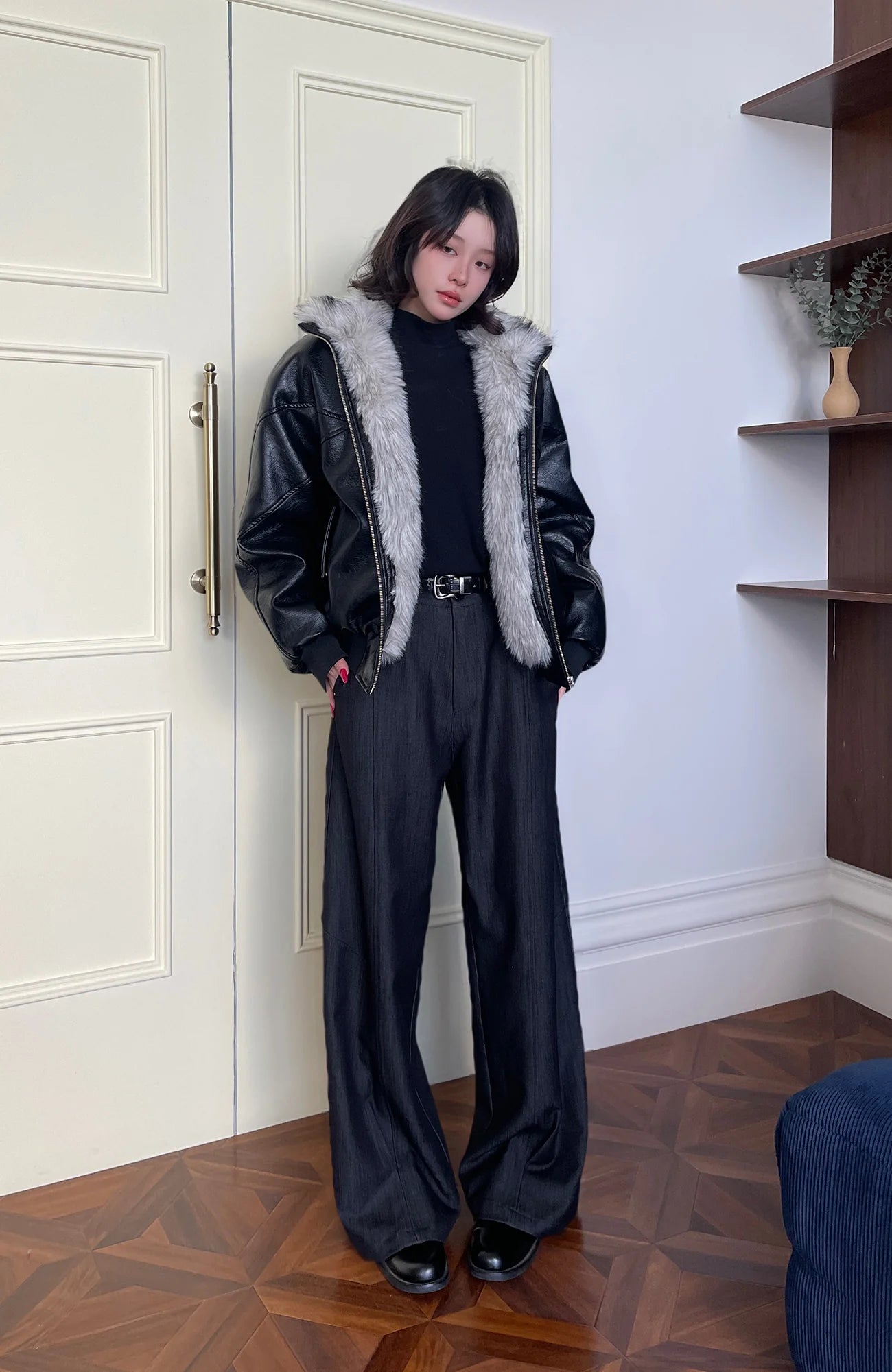 OKAYTHXBYE Faux Leather Fur-Lined Bomber