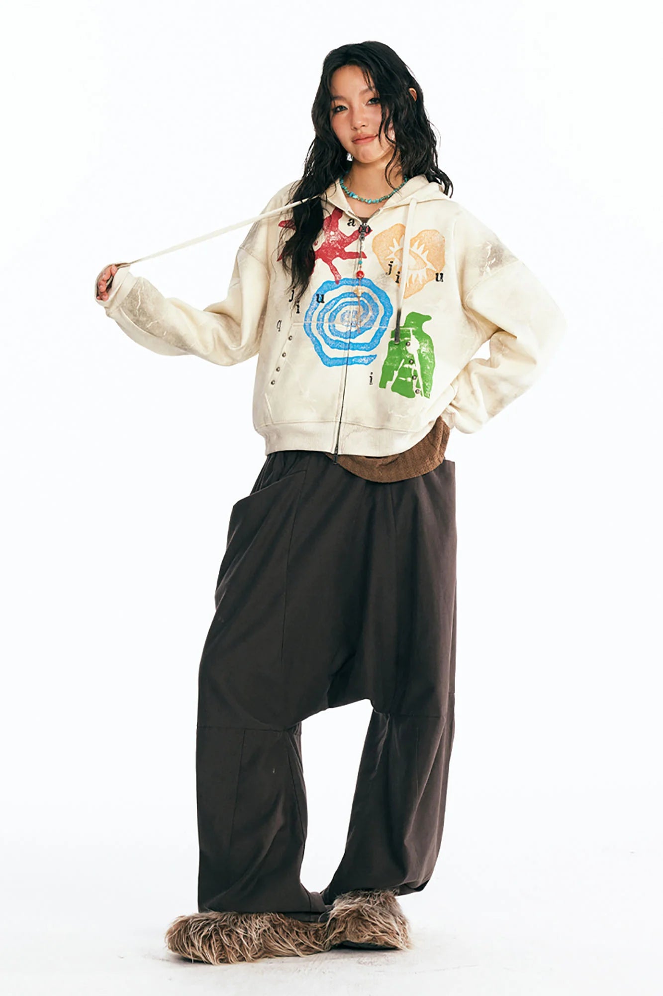 1997 POSTOFFICE Distressed Tribal Graphics Zip- Up Hoodie