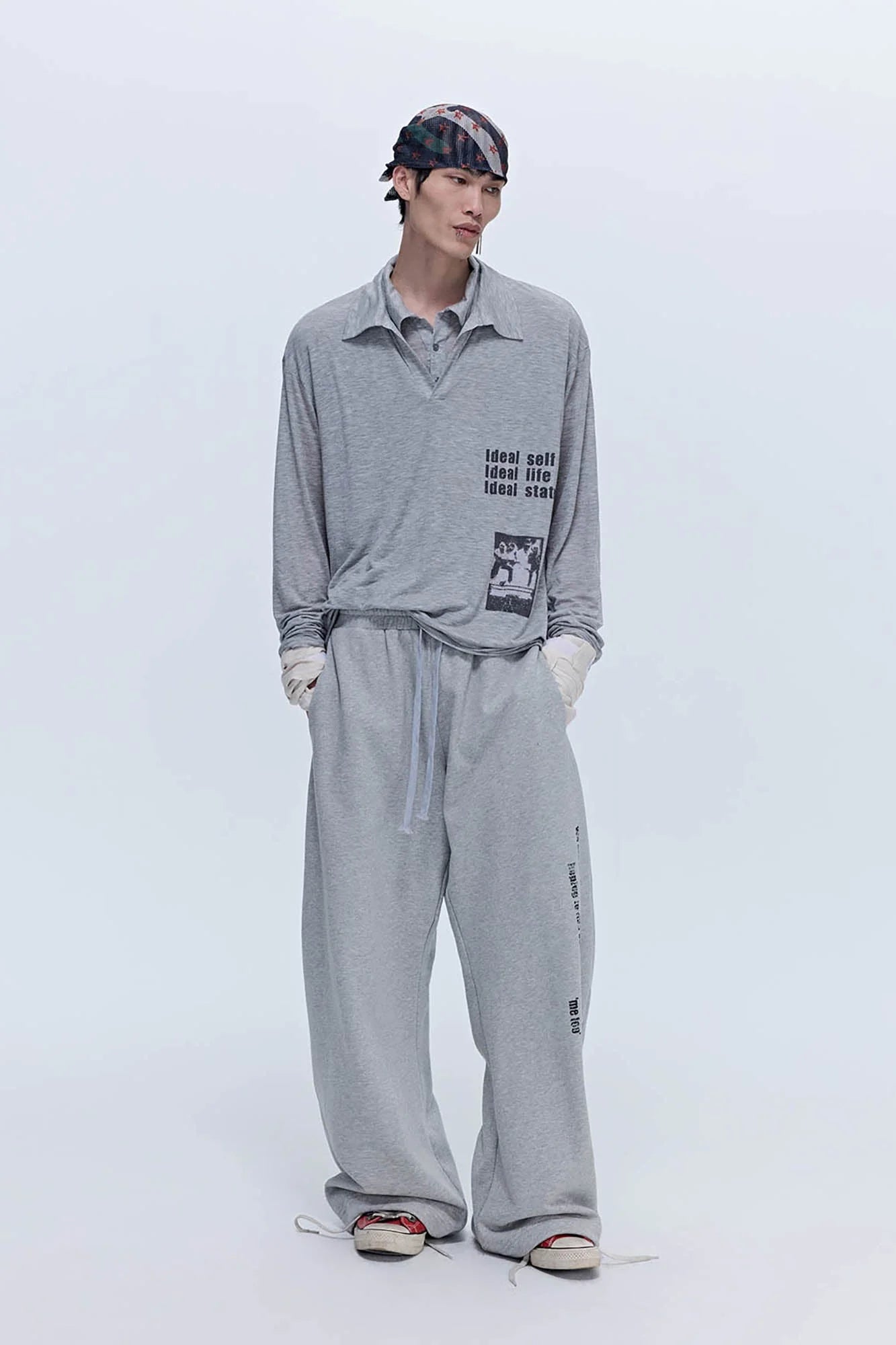 SAVAGEGROWTHWORLD Layered-Collar Slogan Polo Long-Sleeve T-Shirt