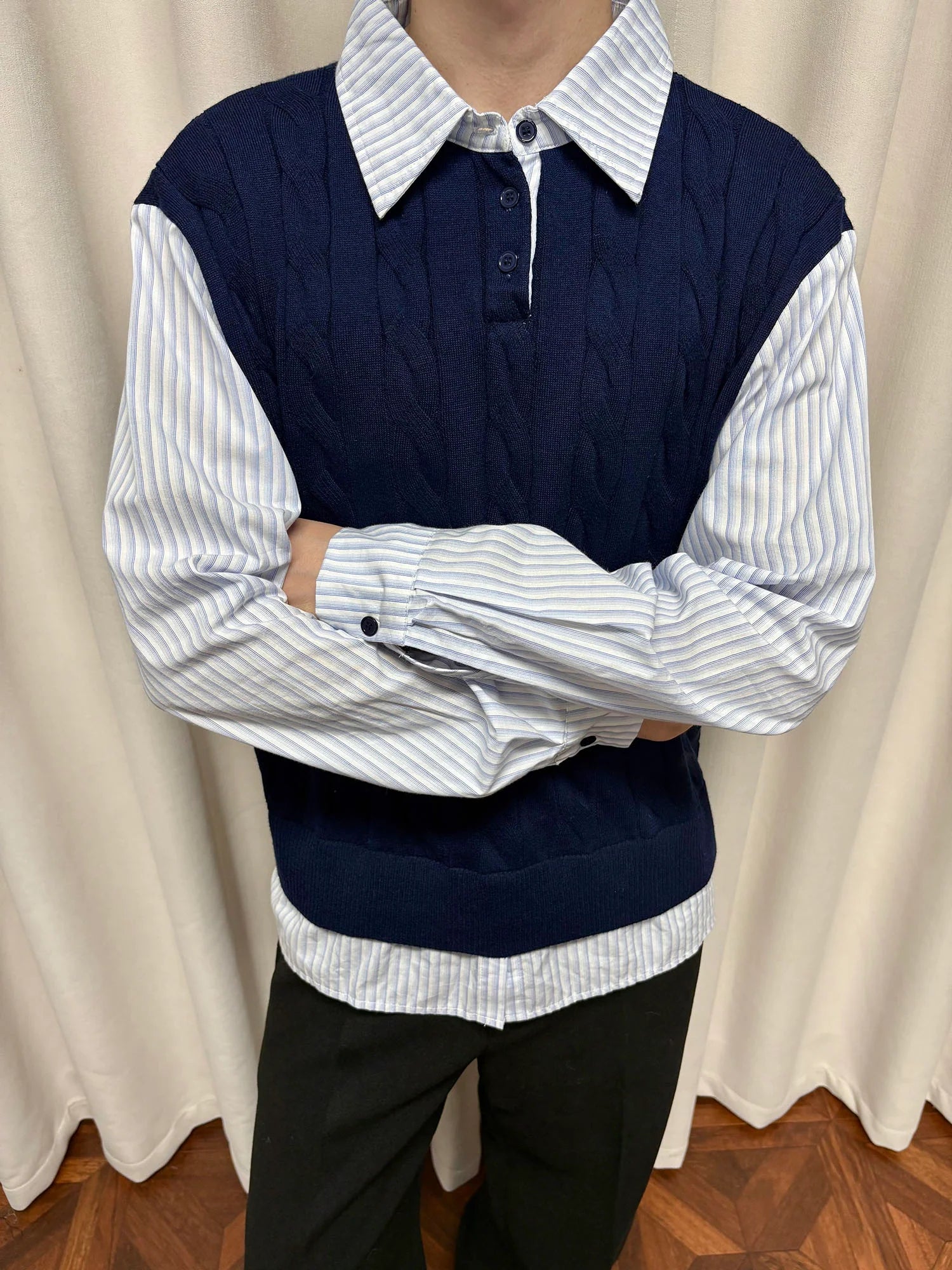 KREATE Cable Knit Vest-Layered Shirt