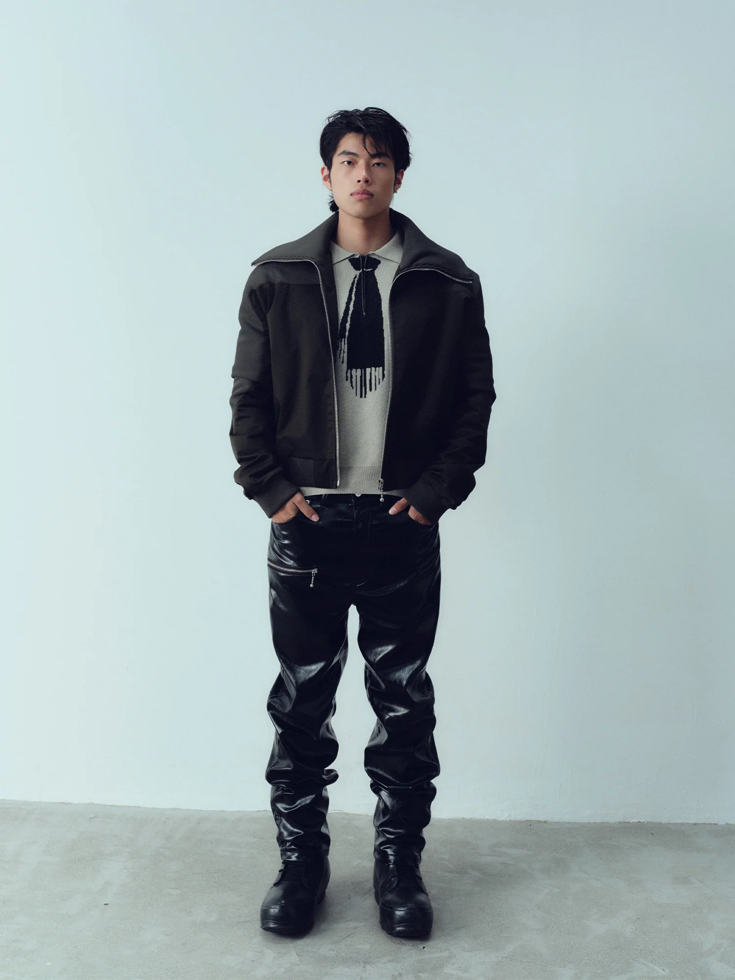 KADAKADA Rib-Spliced Stand-Collar Cropped Jacket