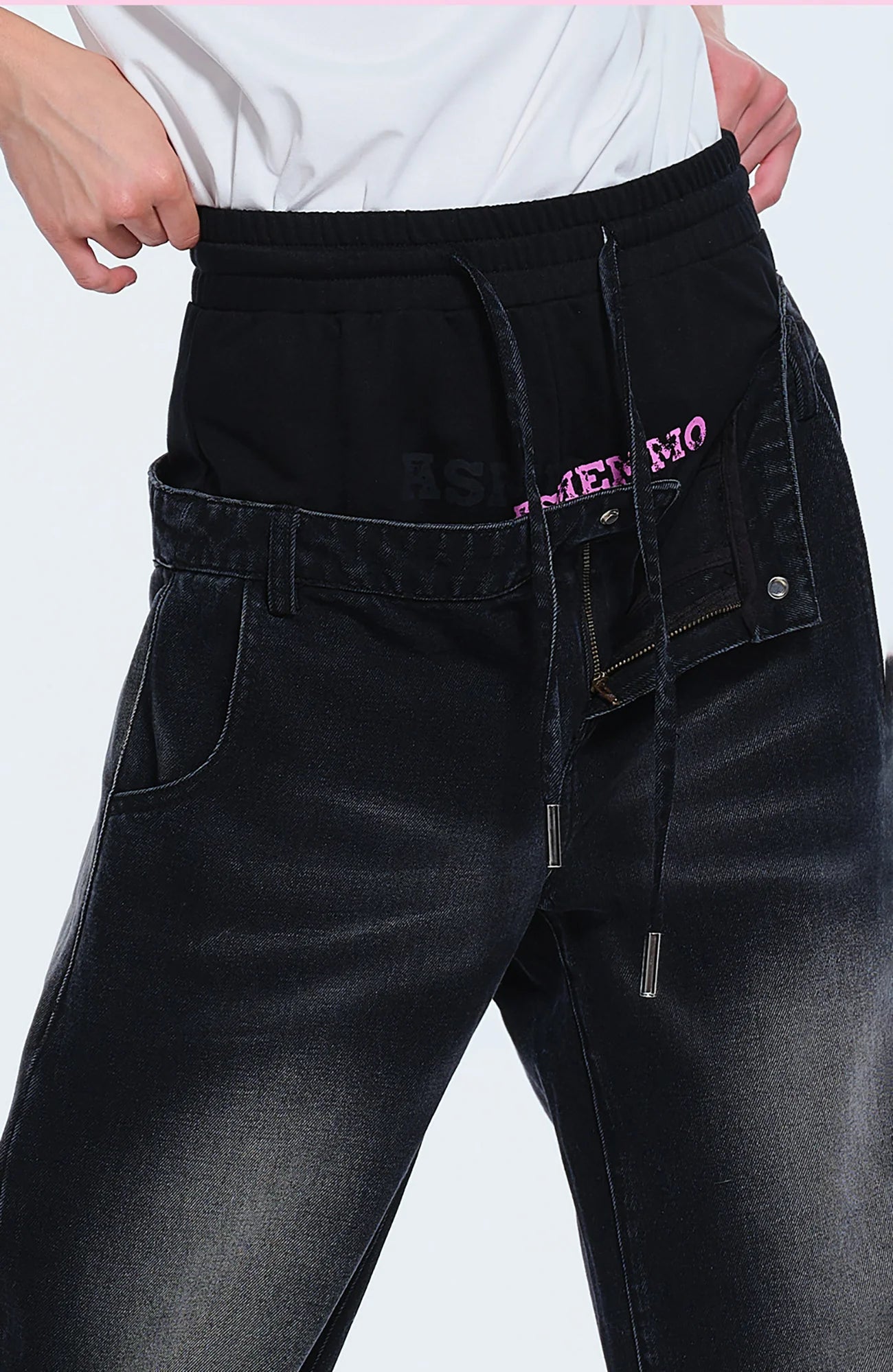 TIWILLTANG Layered Sweatband Washed Denim Pants