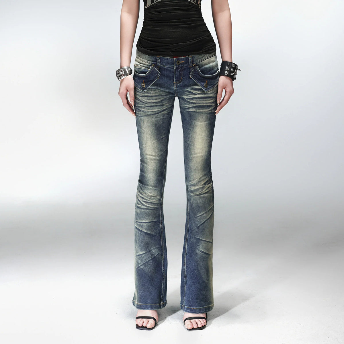 PCCVISION Washed Flap Pockets Slim Flared Jeans