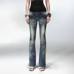 PCCVISION Washed Flap Pockets Slim Flared Jeans