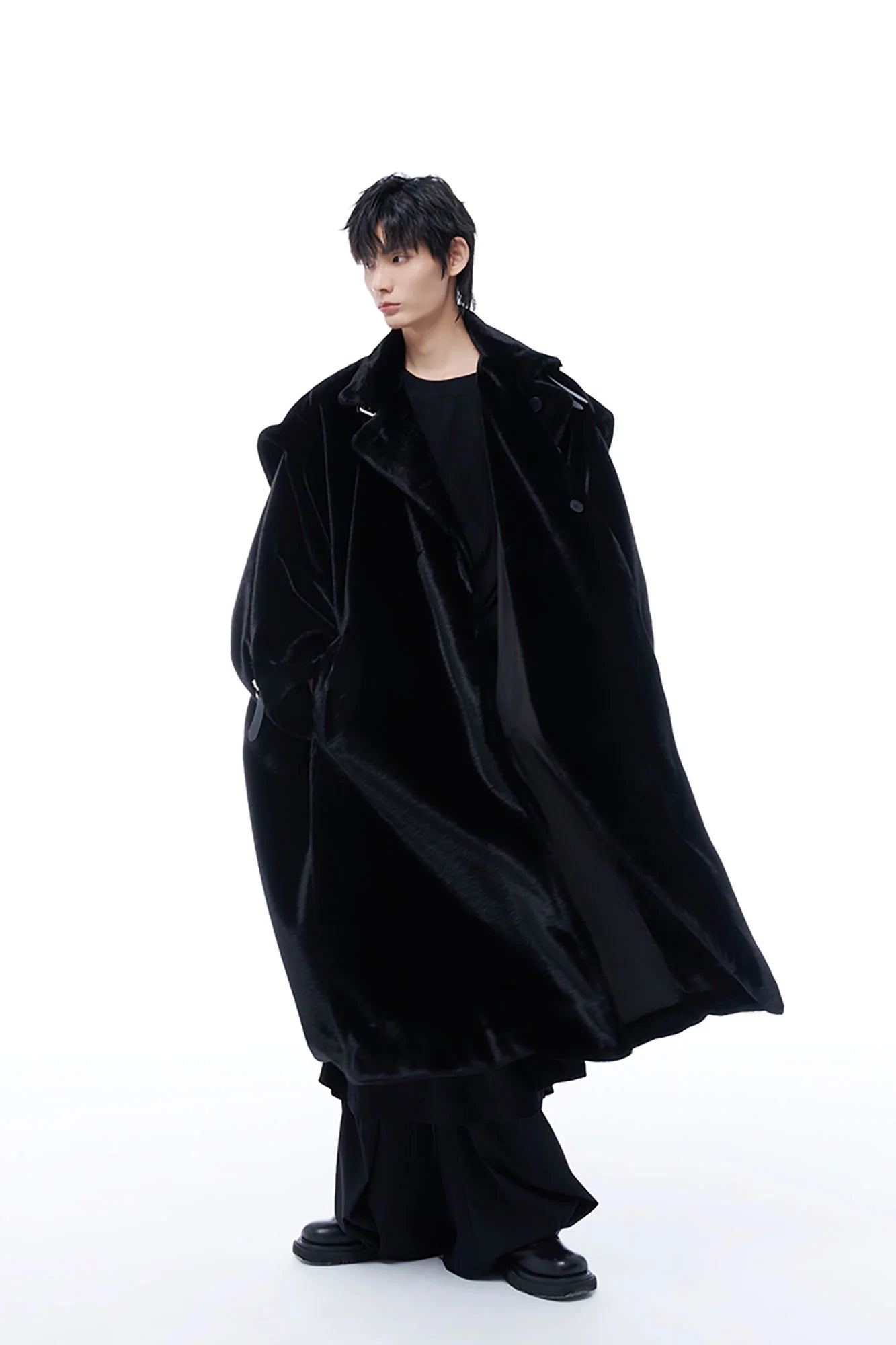 TUIMU Belted High Collar Faux Mink Overcoat