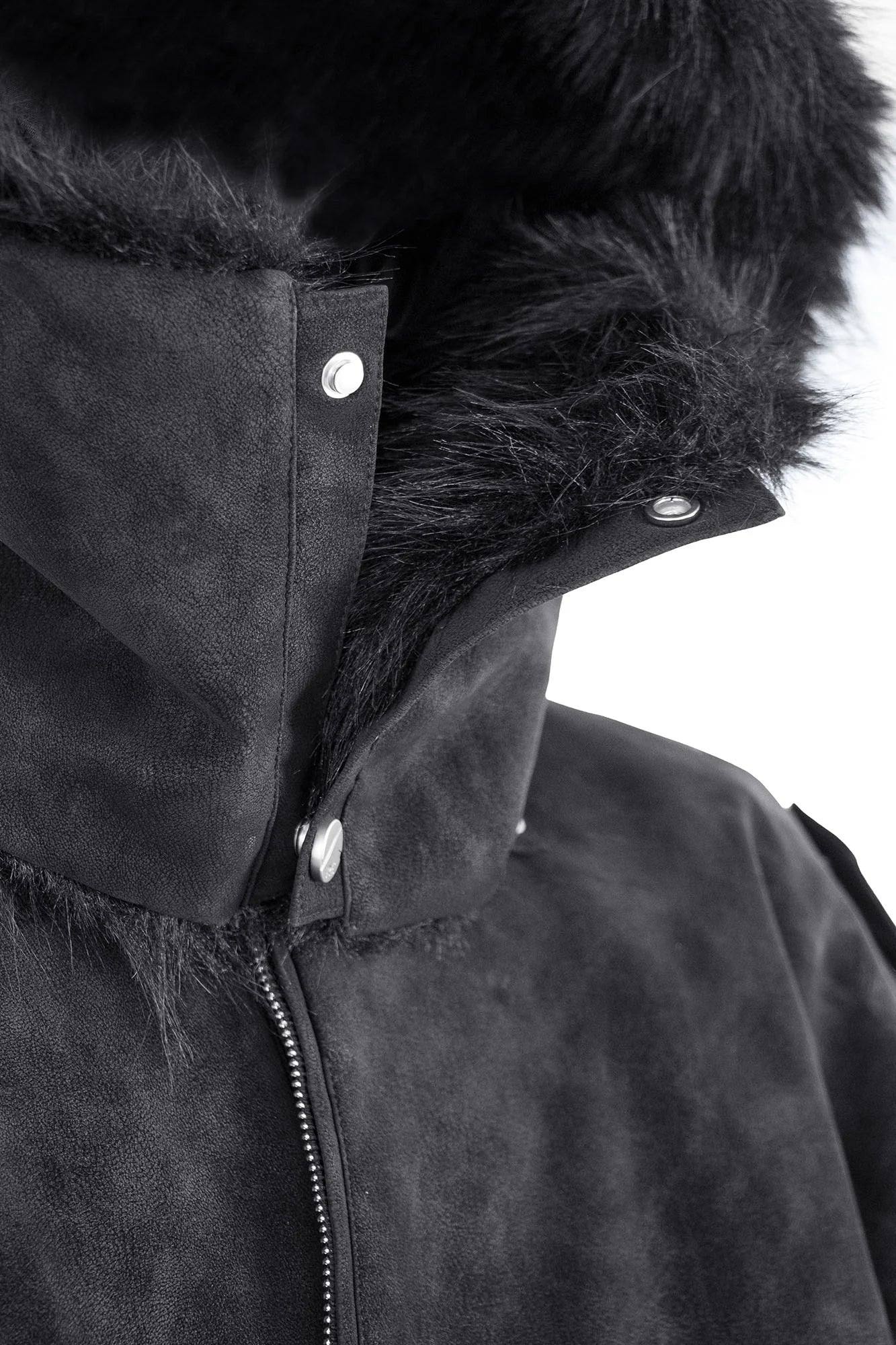 RELABEL Detachable Plush Scarf Hooded Suede Jacket Black