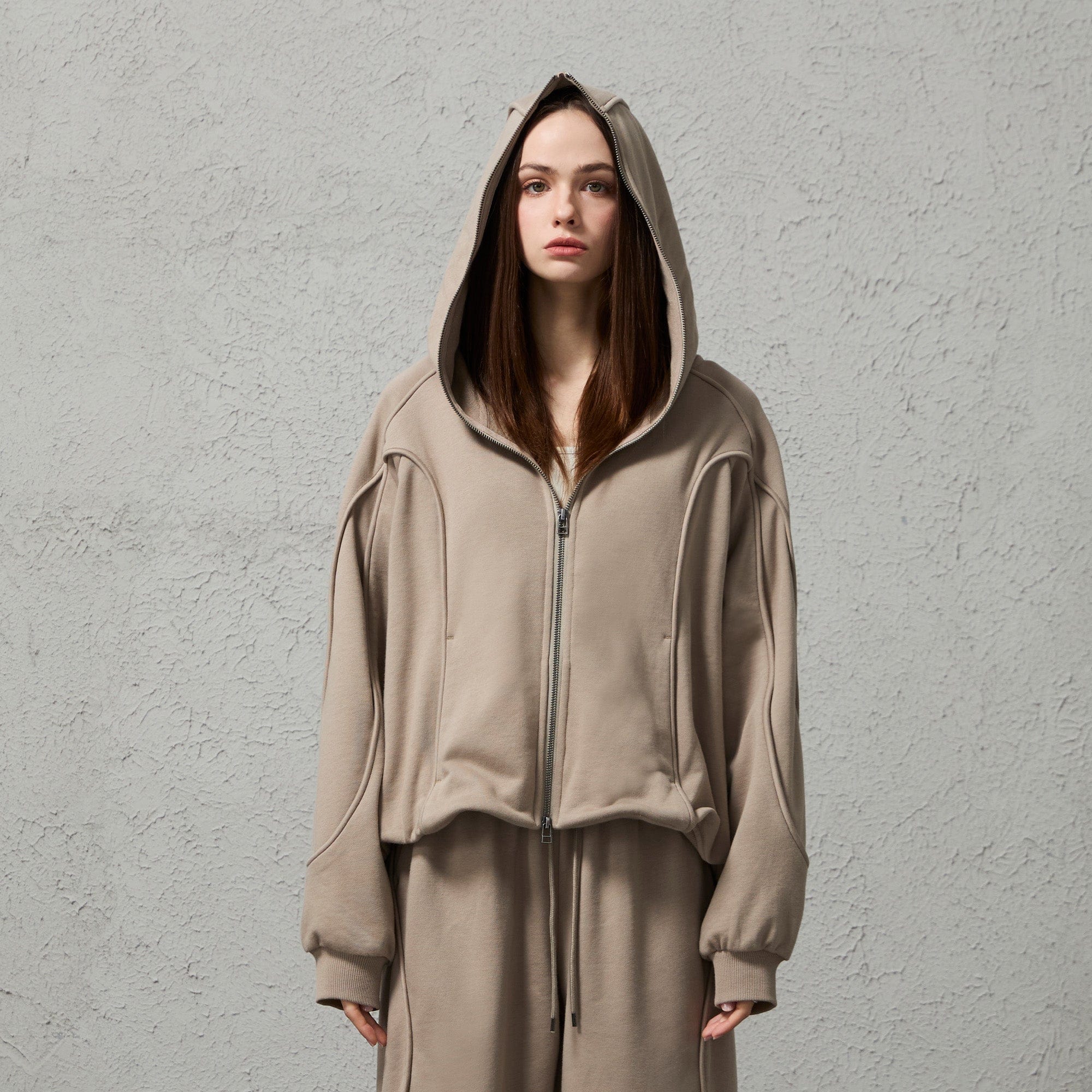 ORGANIC EMOTION Curved Panel Drawstring-Hem Zip-Up Hoodie