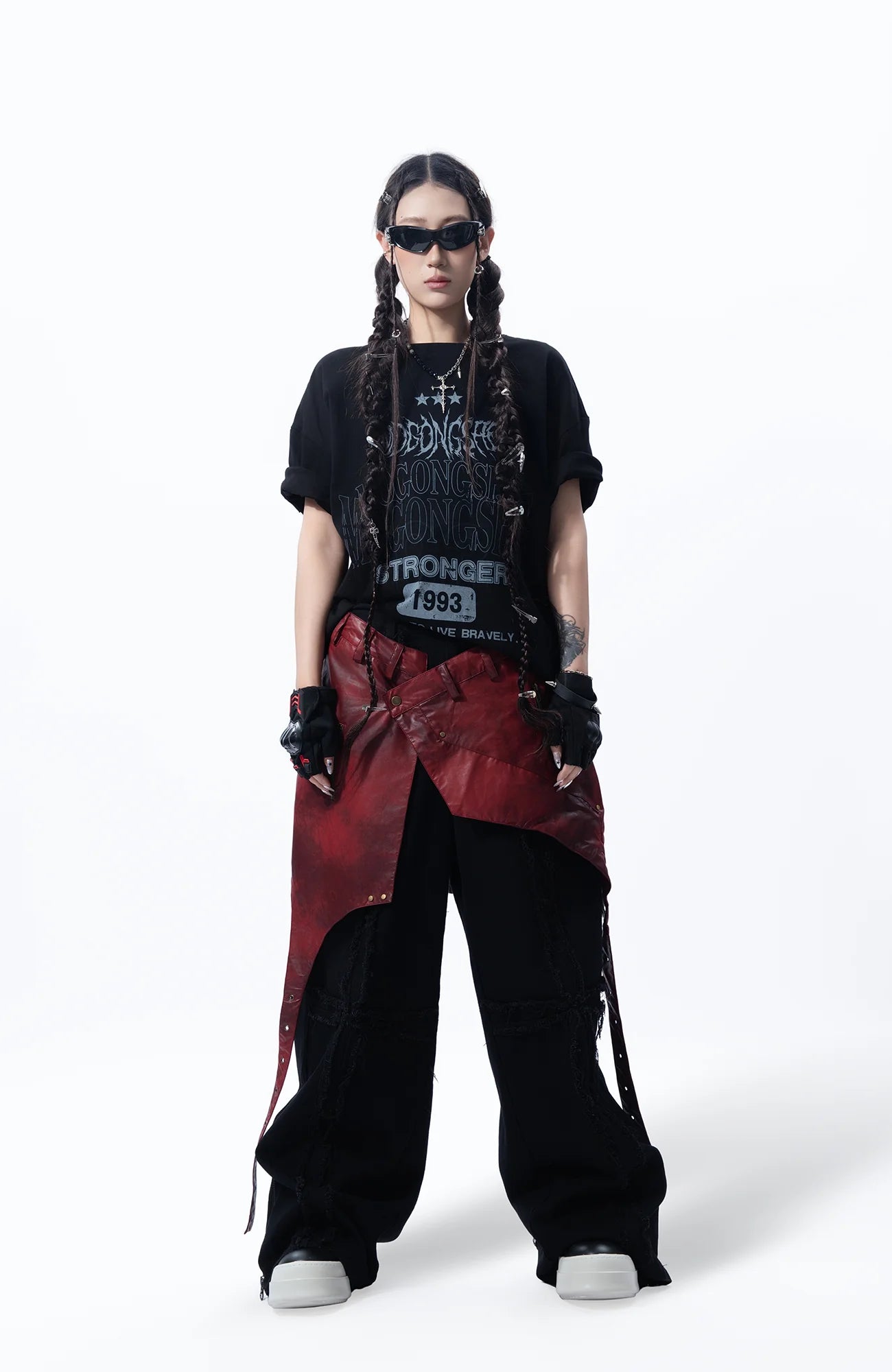 MOGONGSHE Detachable PU Drape  Frayed Cross Jeans