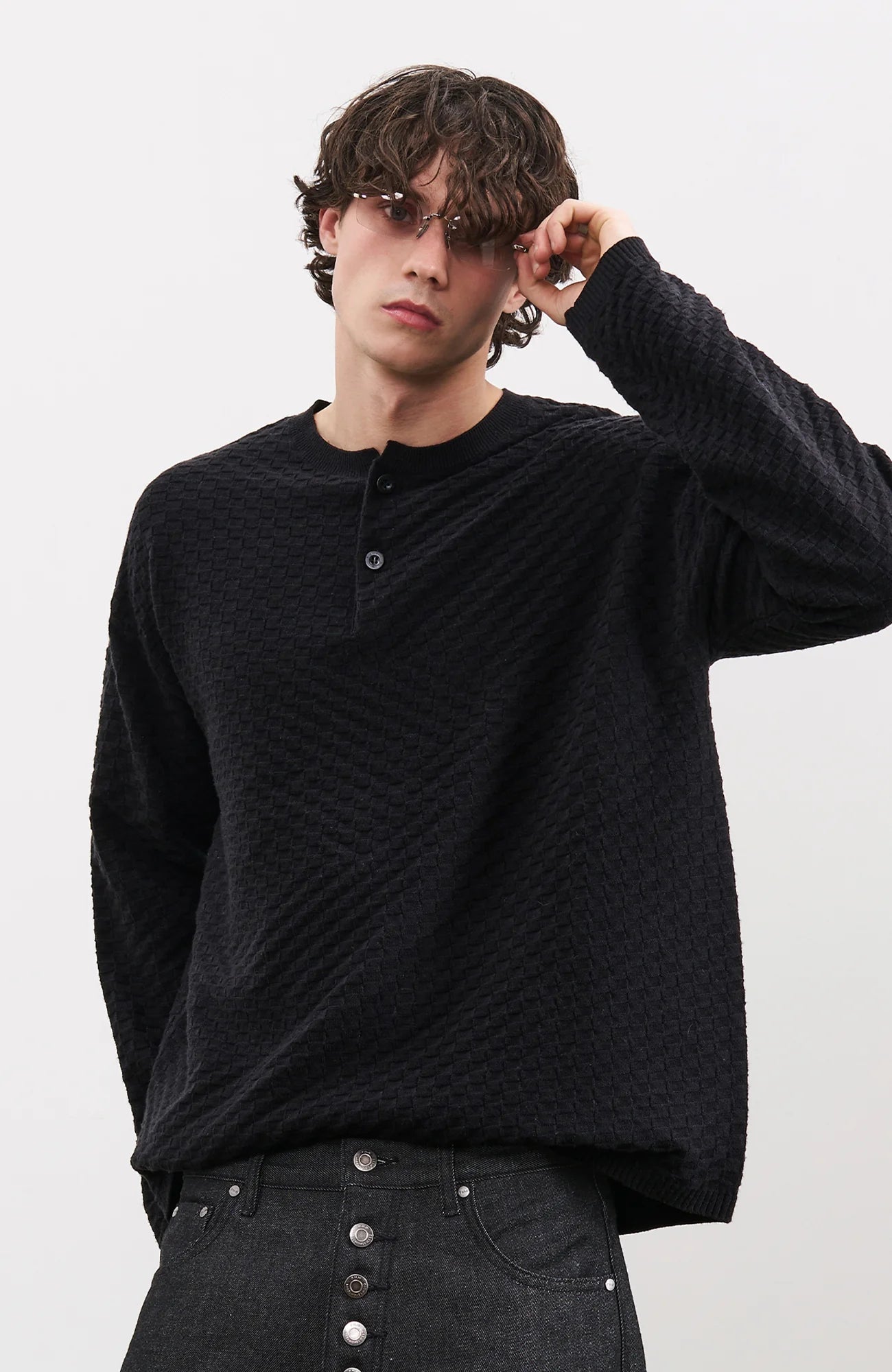 PMW Drop-Shoulder Waffle Henley Sweater