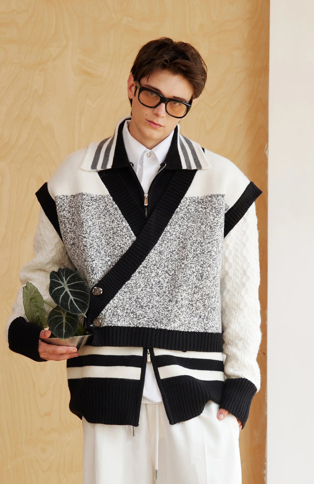 TIWILLTANG Asym Wrap Stripe-Collar Pullover