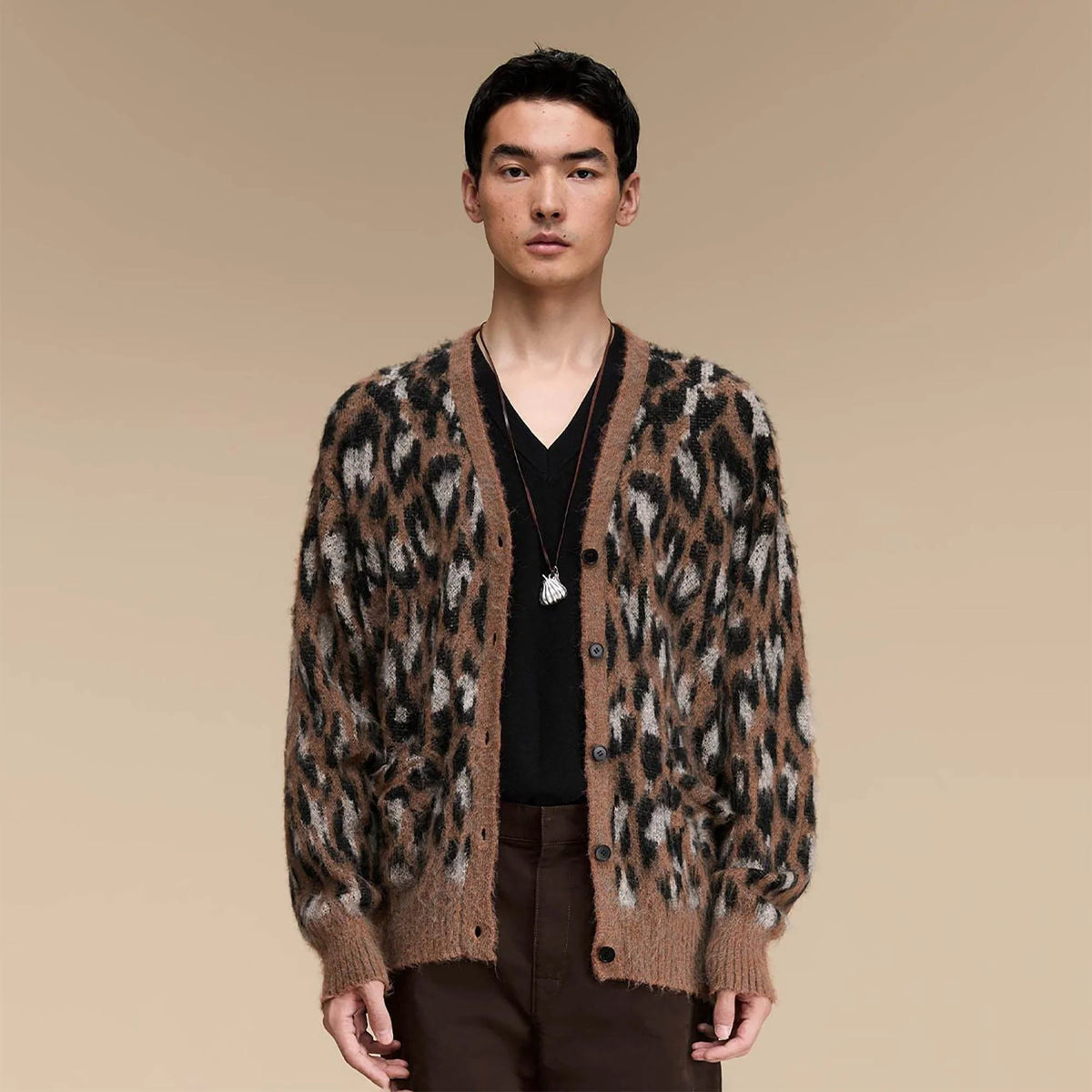 OPICLOTH Leopard Mohair V-Neck Cardigan