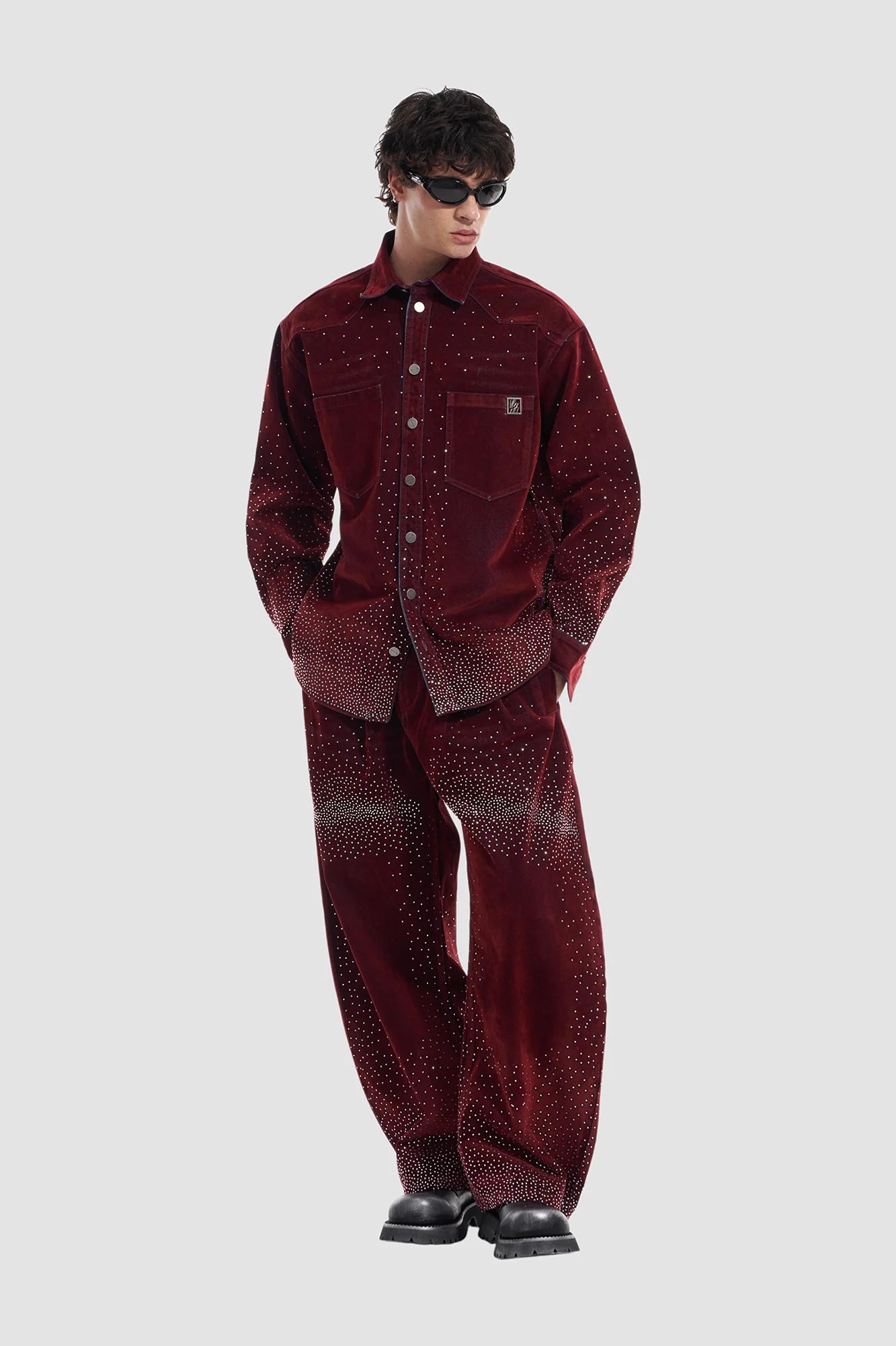 VANN VALRENCE Diamond-Studded Velvet Barrel Leg Trousers