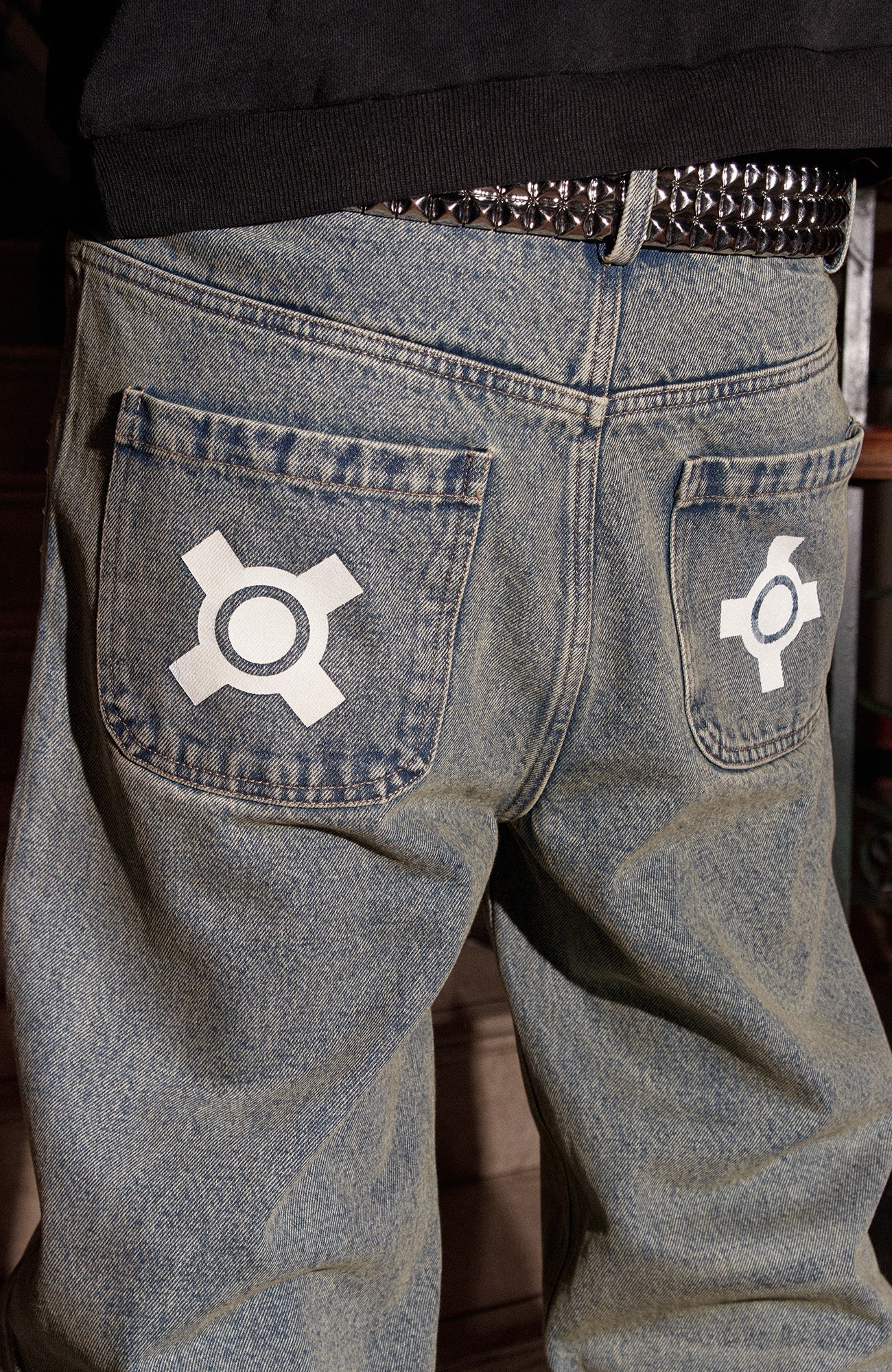 PHANTOMHUNTER Washed Leopard Patch Baggy Jeans