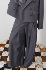 ASSEEN Asymmetrical Tab Pleated Wide-Leg Pants Gray