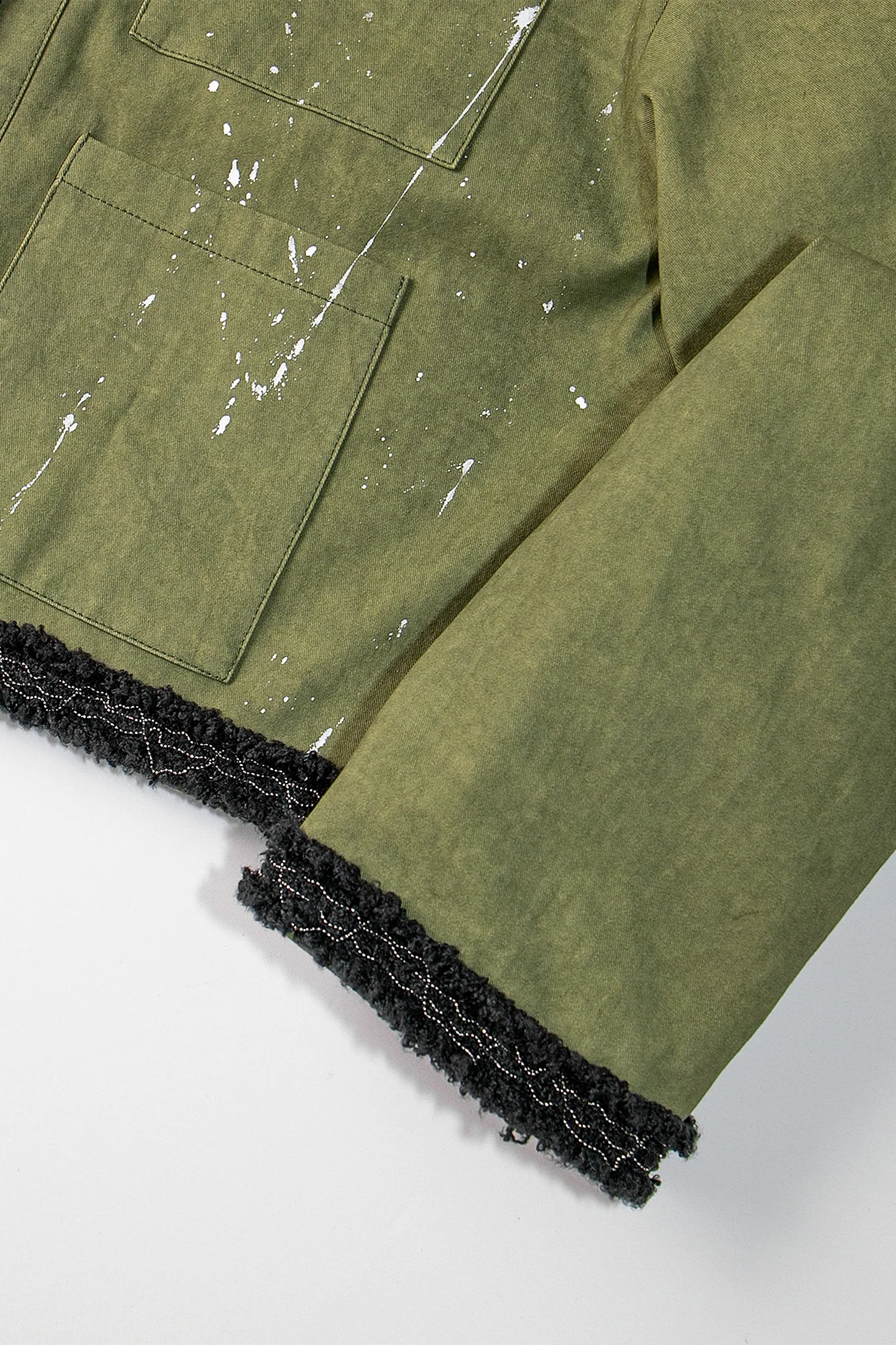 LEONSENSE Paneled Fleece Trim Paint-Splattered Jacket