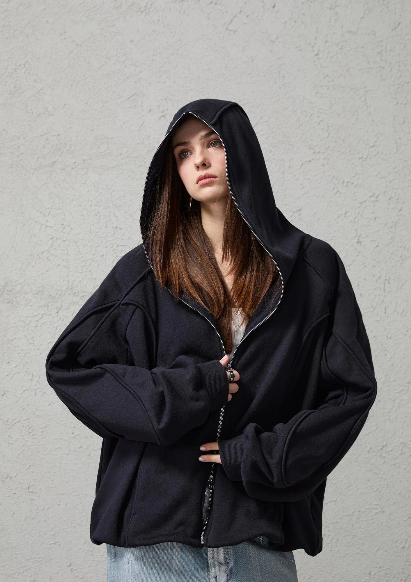 ORGANIC EMOTION Curved Panel Drawstring-Hem Zip-Up Hoodie
