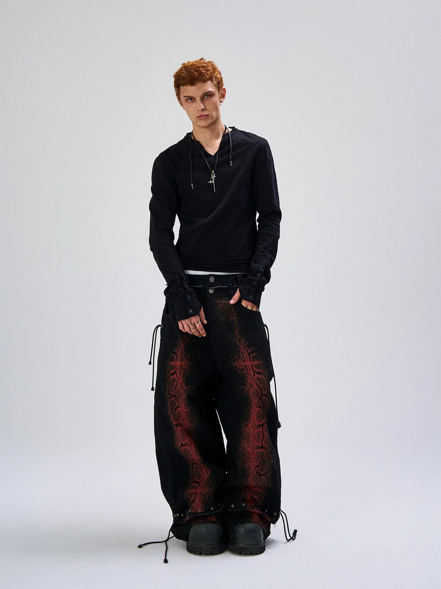 FLYERRER Washed Contrast Snakeskin Drawcord Wide-Leg Jeans