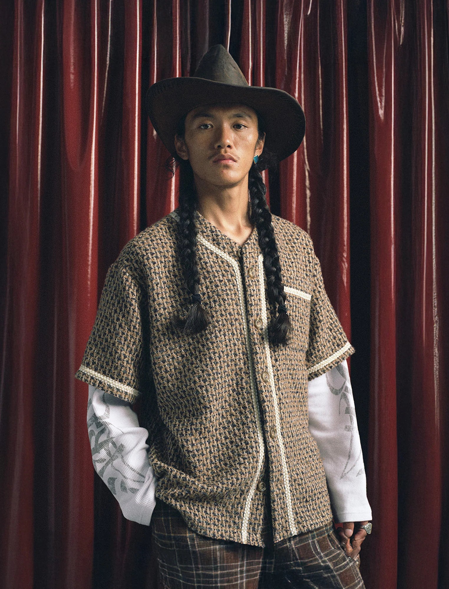 TRECLUB Tweed Layered Baseball Shirt