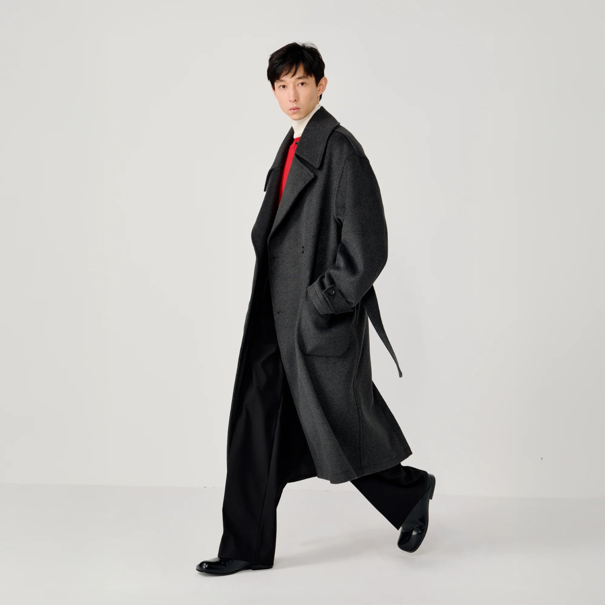OPICLOTH Belted Wool-Blend Peak Lapel Overcoat
