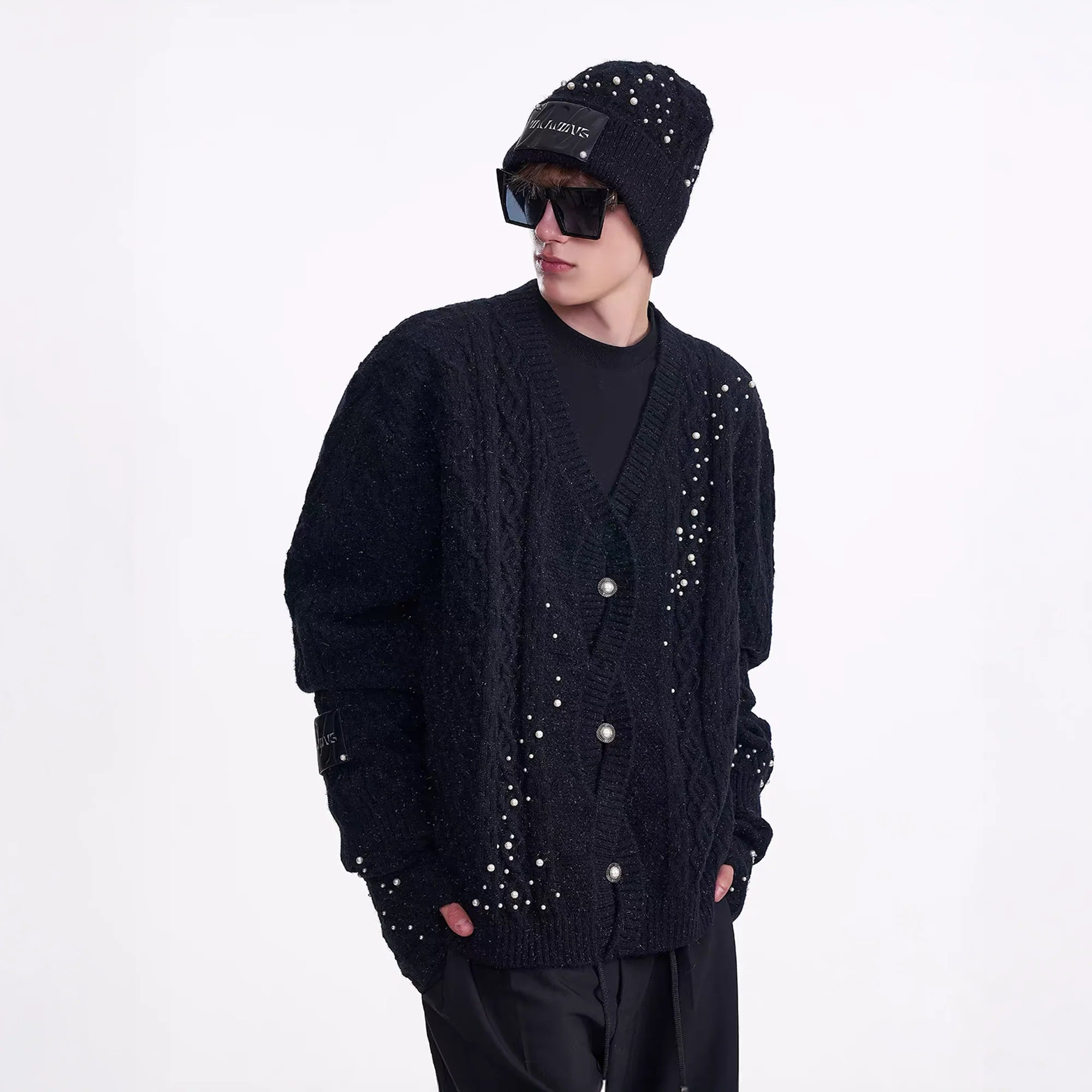 TIWILLTANG Pearl-Embellished Cable Knit Cardigan