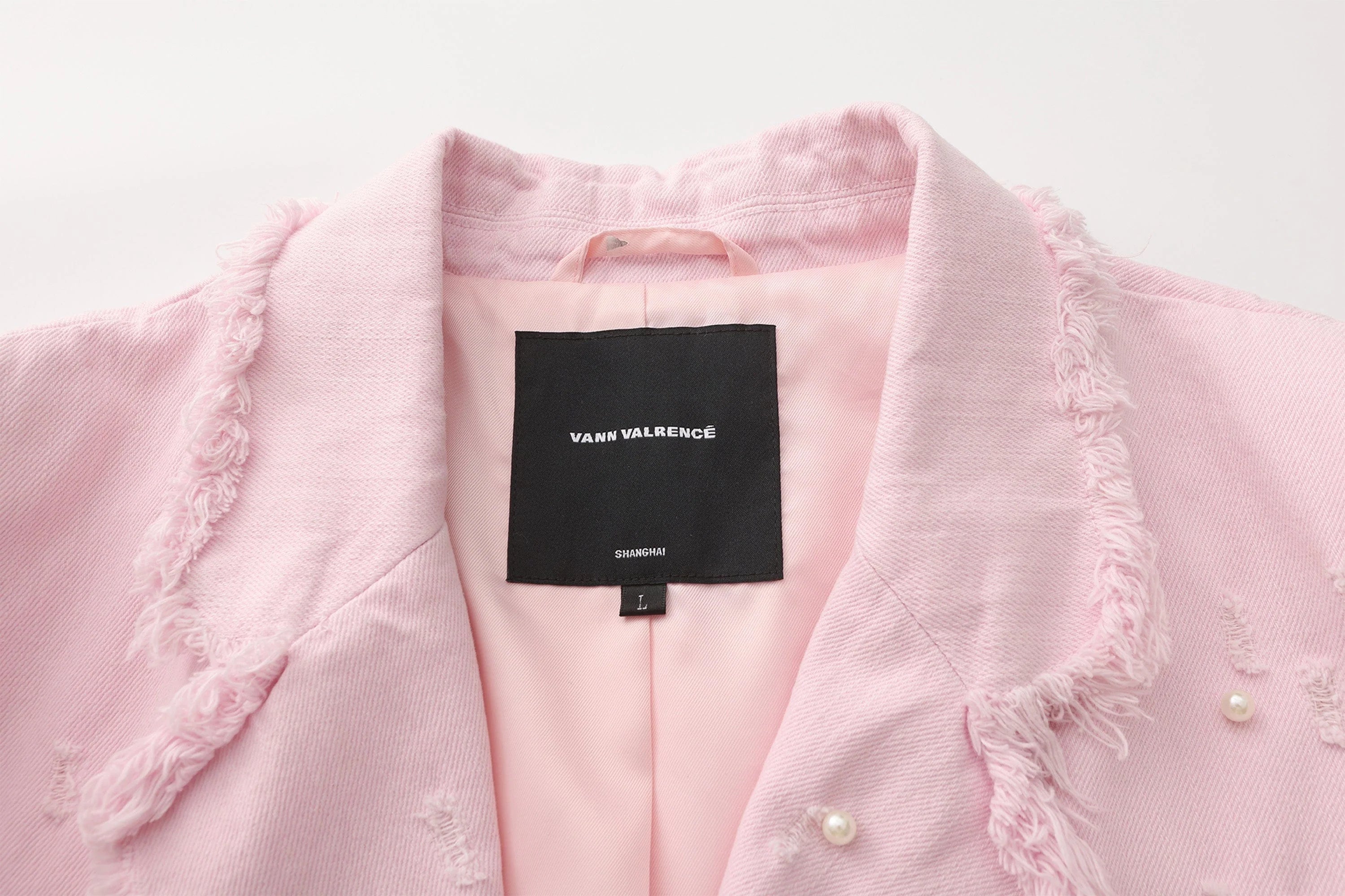 VANN VALRENCE Washed Beaded Frayed Denim Jacket
