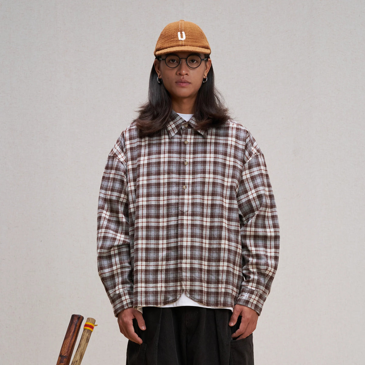 UNLIMITED MOTE Plaid Oversized Half-Open Collar Shirt Brown